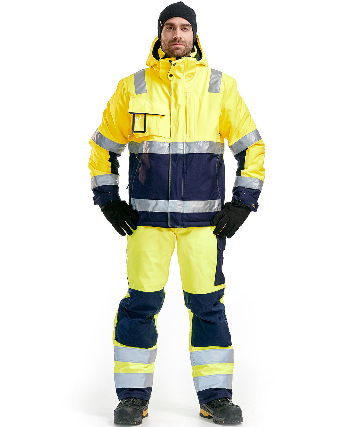 Bl&aring;kl&auml;der vinter arbetsbyxa, Varsel gul/marinbl&aring;