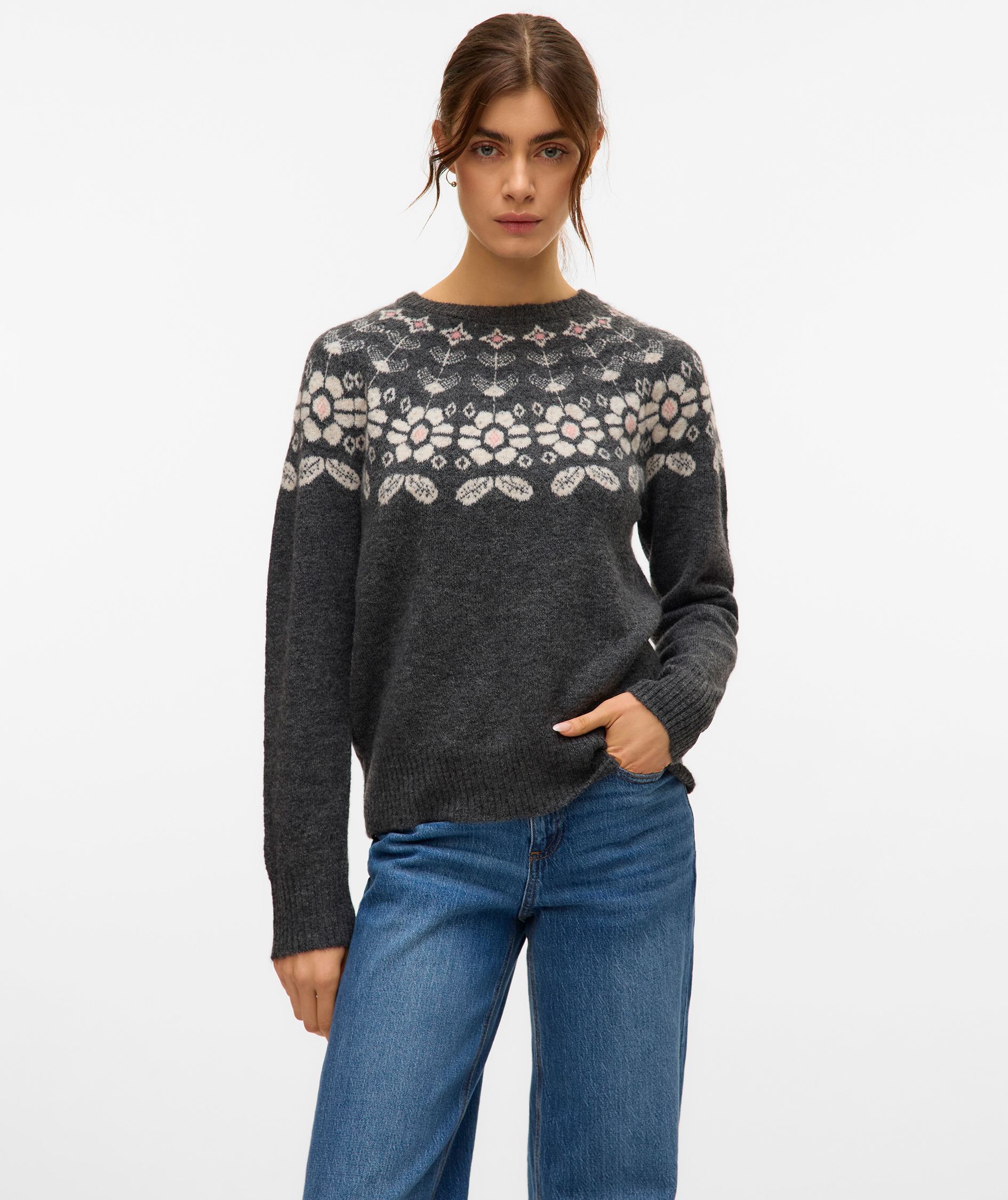 Vero Moda VMSIMONE NORDIC women's knitted pullover, Dark Grey Melange/Birch/Rose, large image number 3