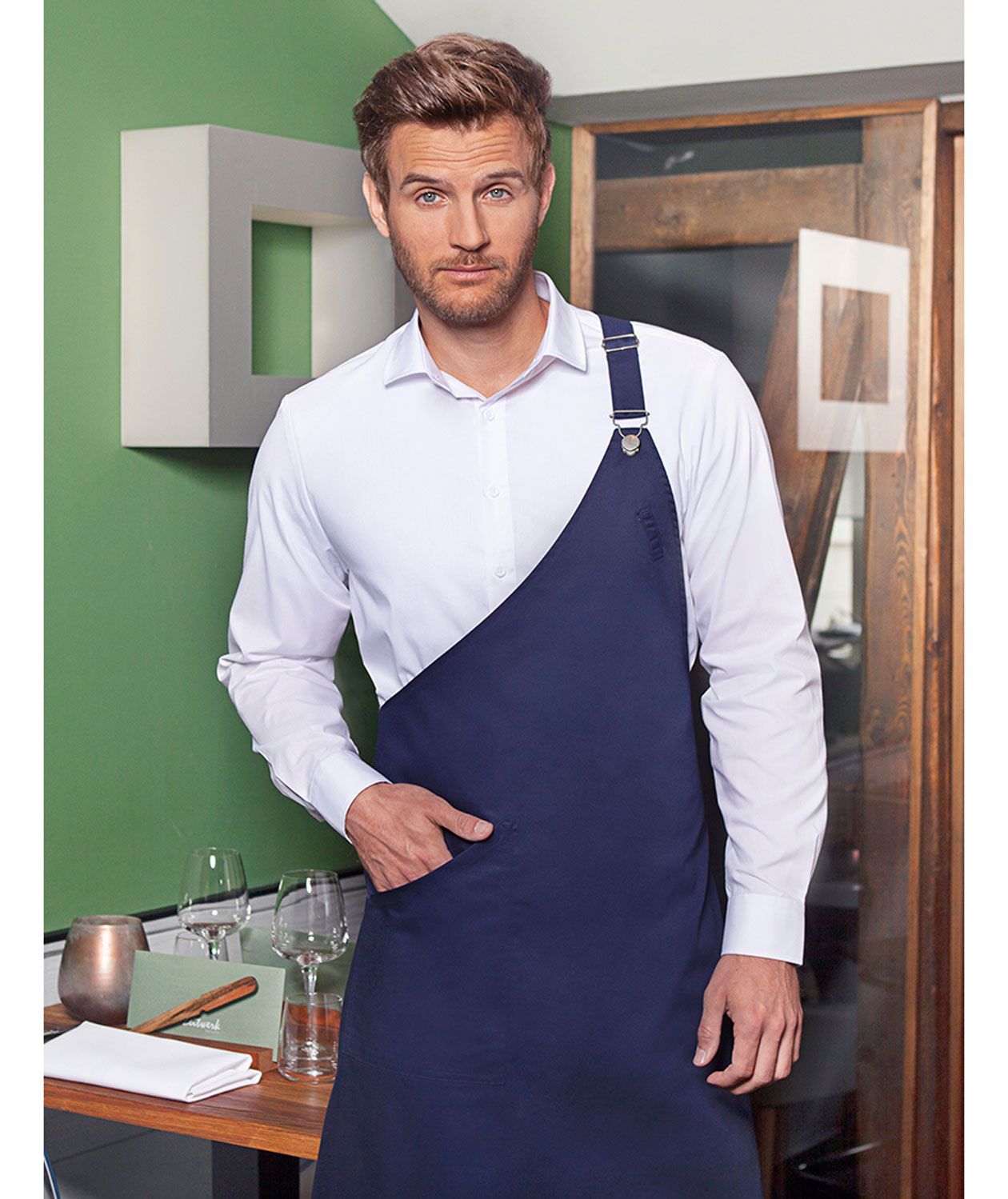 Karlowsky Classic asymmetrical bib apron with pocket, Navy, Navy, large image number 1