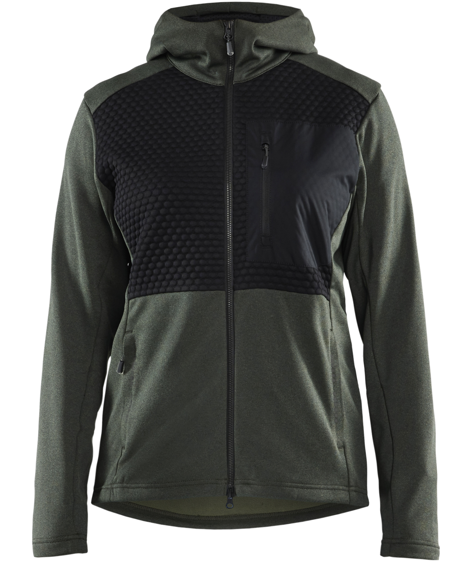 Bl&aring;kl&auml;der dame h&aelig;ttetr&oslash;je med lynl&aring;s, Efter&aring;rsgr&oslash;n/Sort