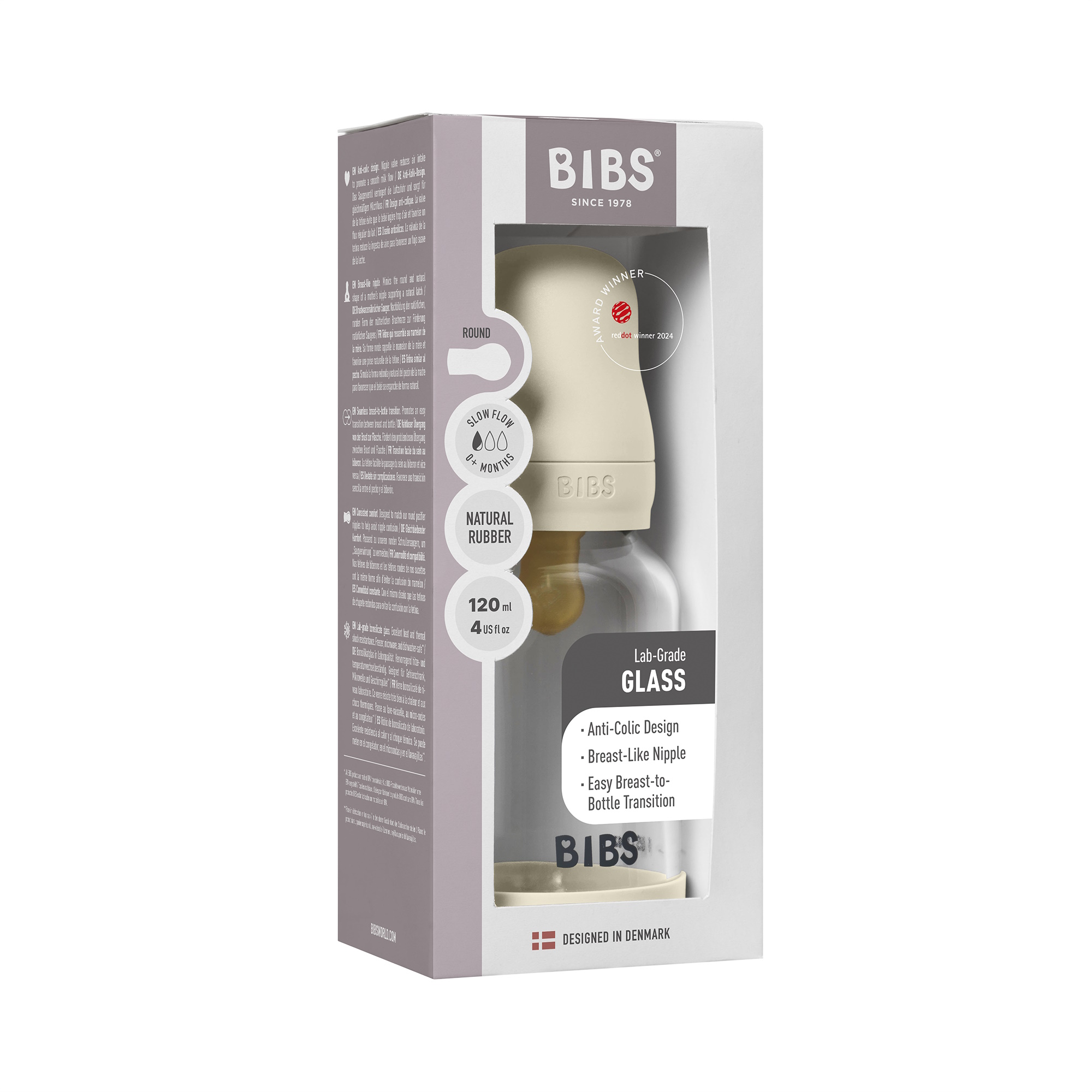 BIBS Baby Glass Bottle Naturgummi Slow Flow Ivory