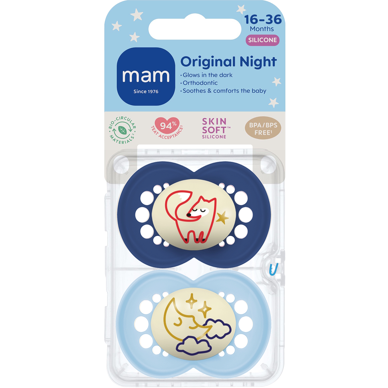 MAM Original Night 16-36m Silk 2p Box V Blue