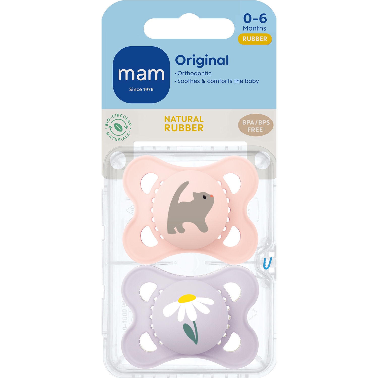 MAM Orig 0-6m Nat Rub 2p Box V Pink