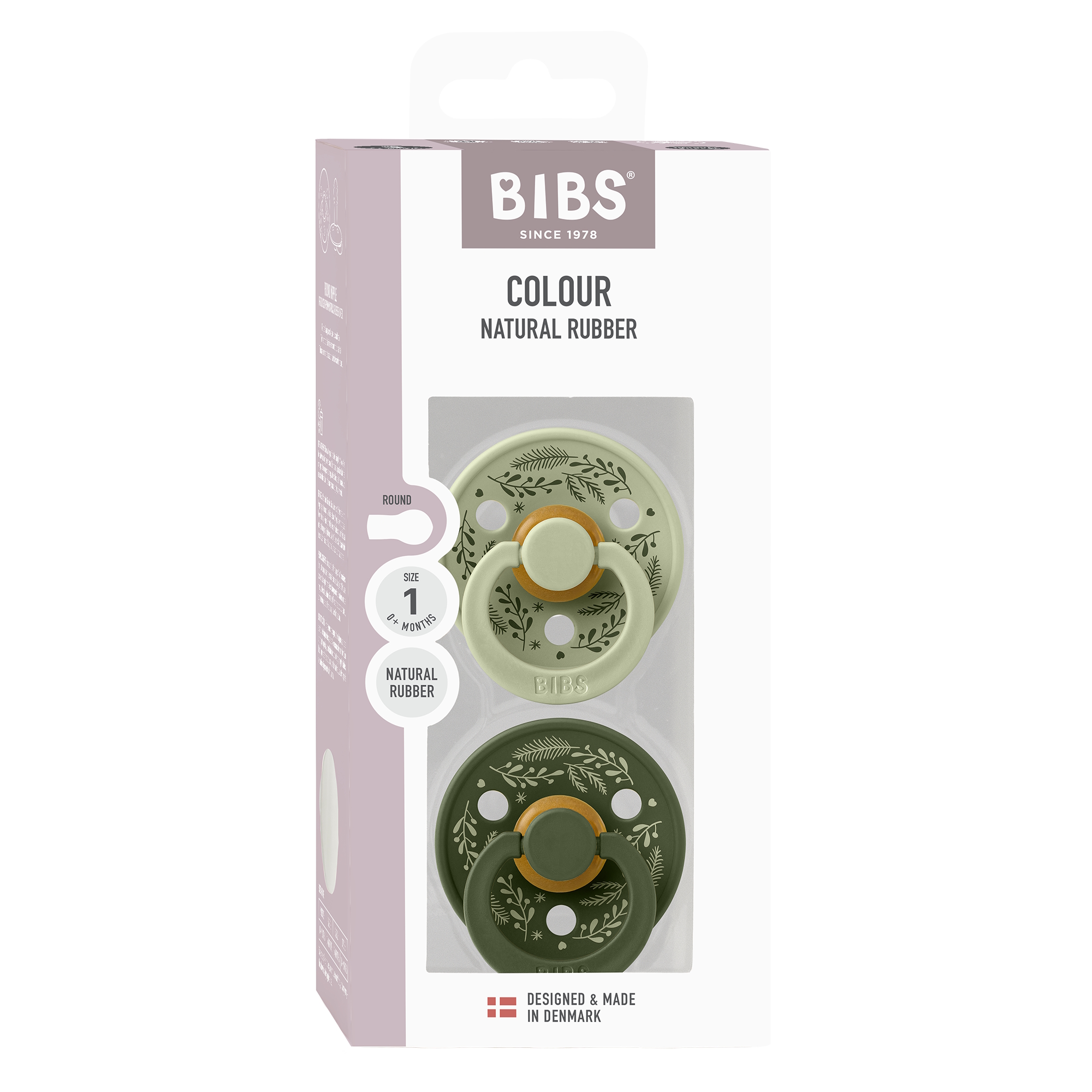 BIBS Pacifier Colour Holiday Leaf 2 PACK Latex Size 1 Sage/Hunter Green