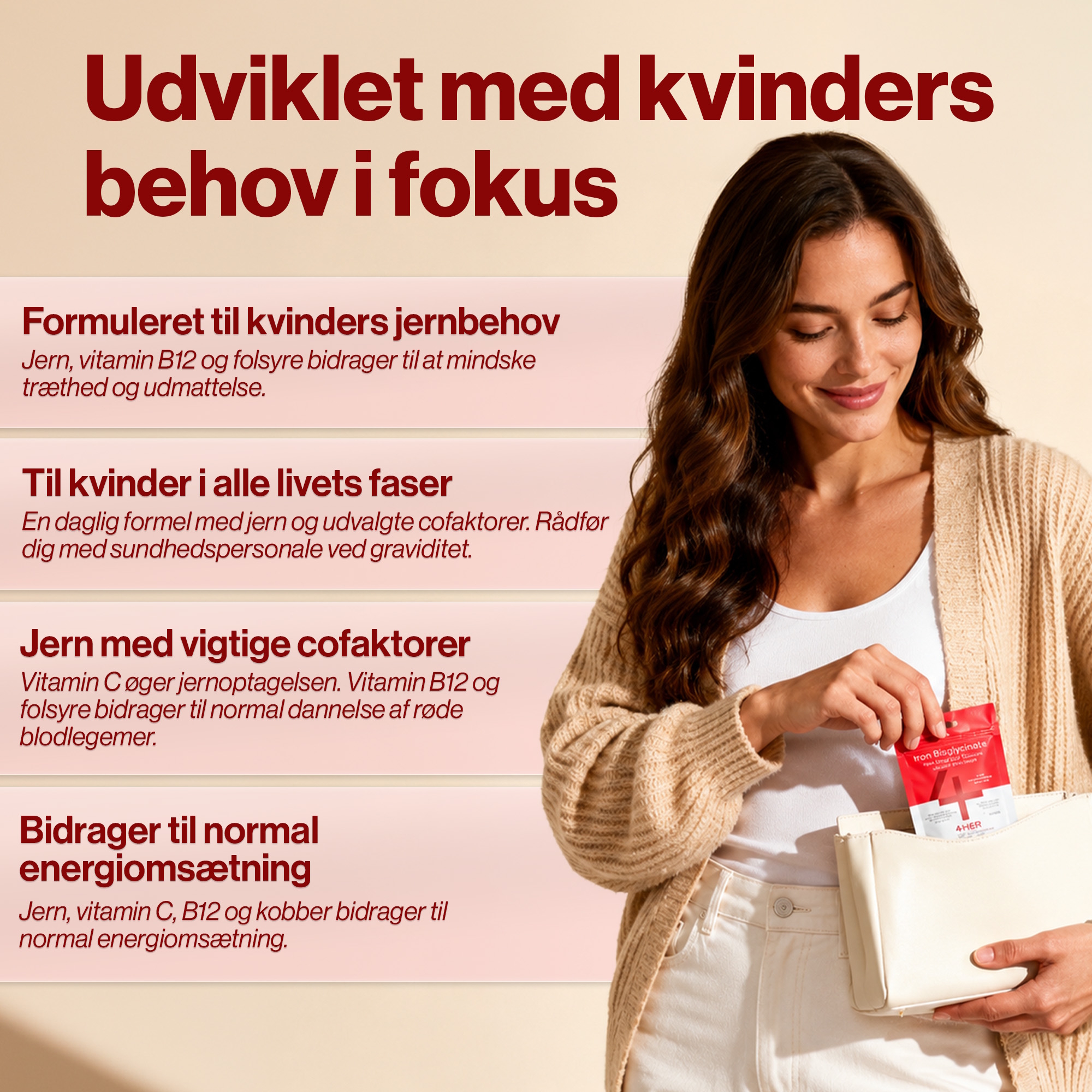 4 HER Iron Bisglycinate 120 tabletter. Jern tilskud med kobber og b12 vitamin.