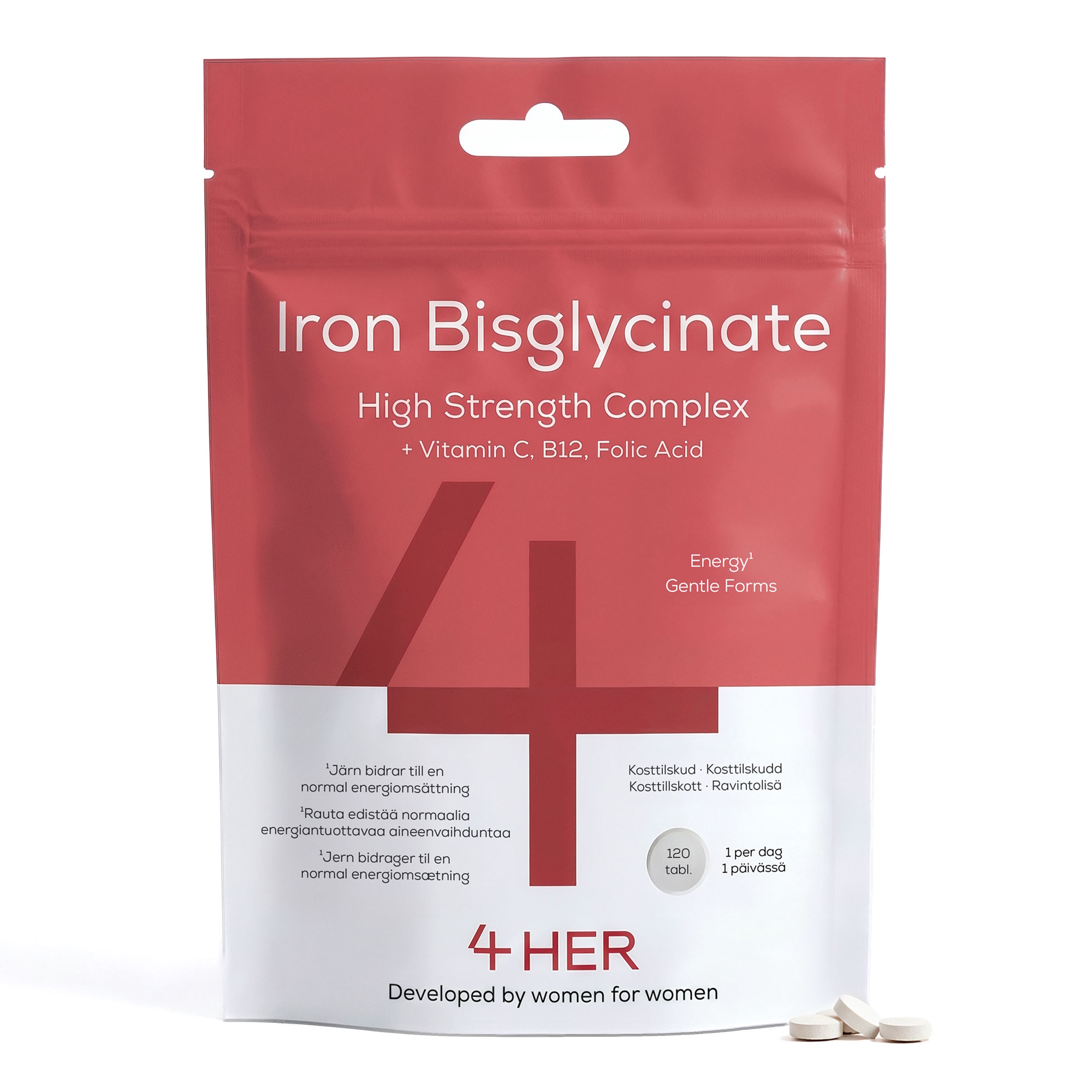 4 HER Iron Bisglycinate 120 tabletter. Jern tilskud med kobber og b12 vitamin.
