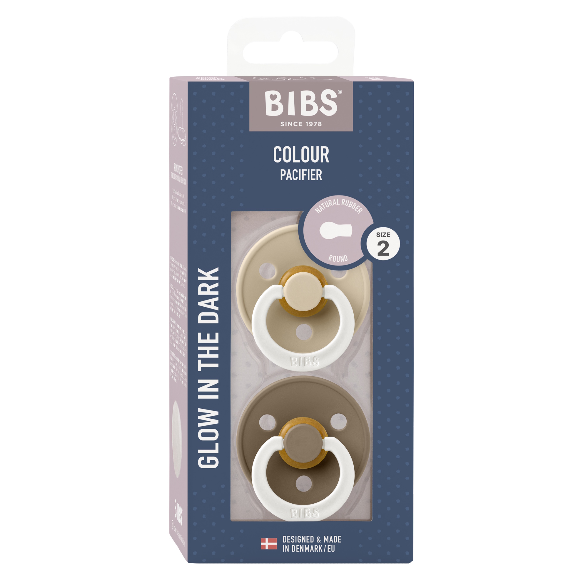 BIBS Pacifier Colour 2 PACK Latex Size 2 Vanilla GLOW/Dark Oak GLOW