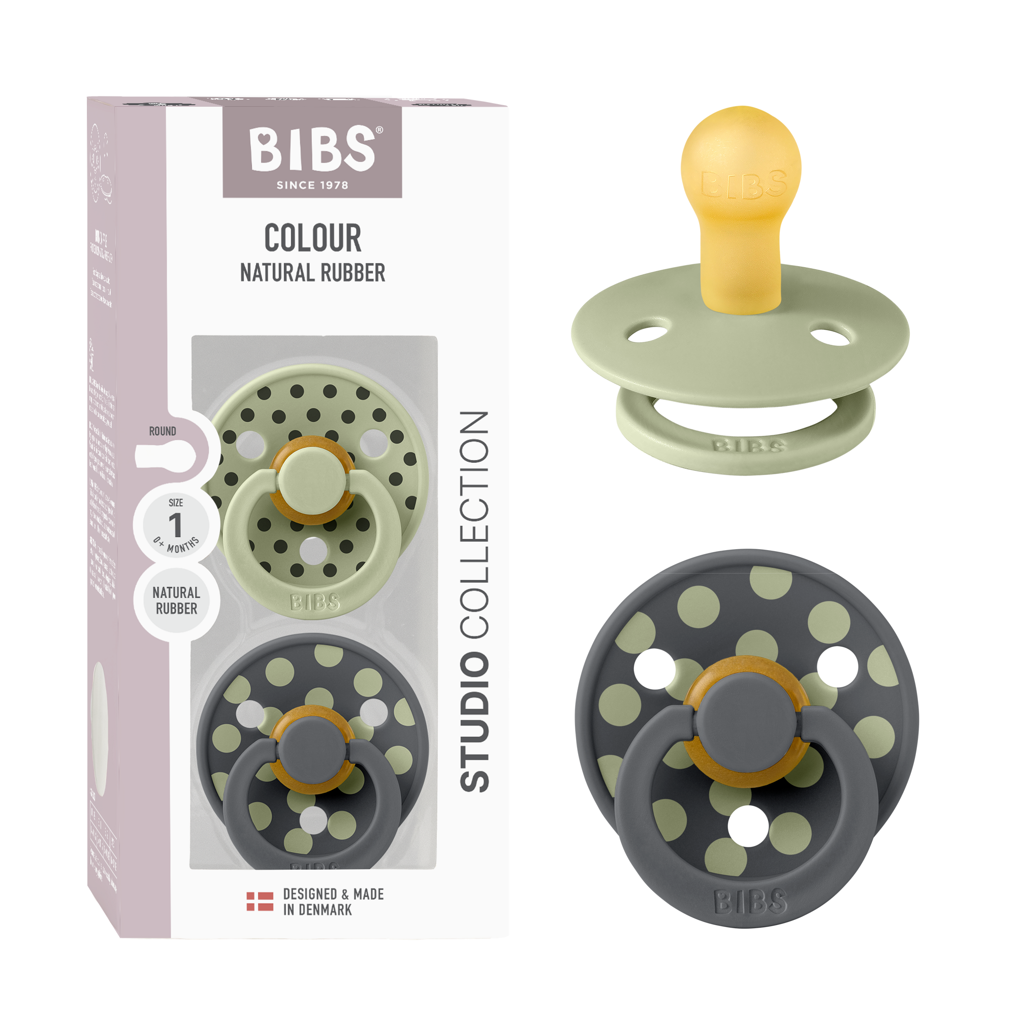BIBS Pacifier Studio Colour 2 PACK Polka Latex Size 1 Sage/Iron