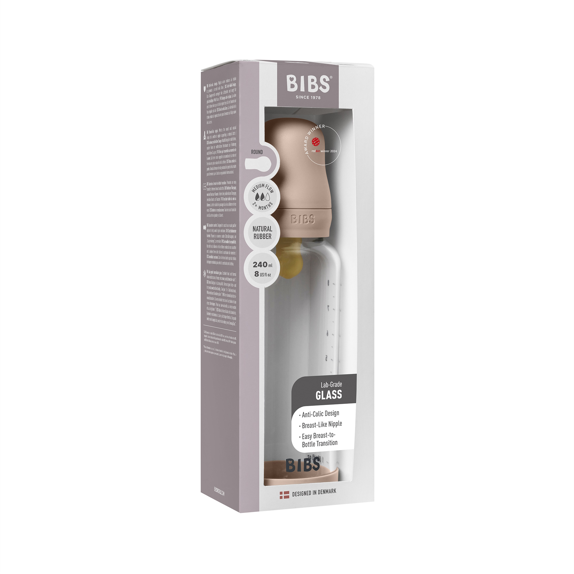 BIBS Baby Glass Bottle Naturgummi Medium Flow Blush