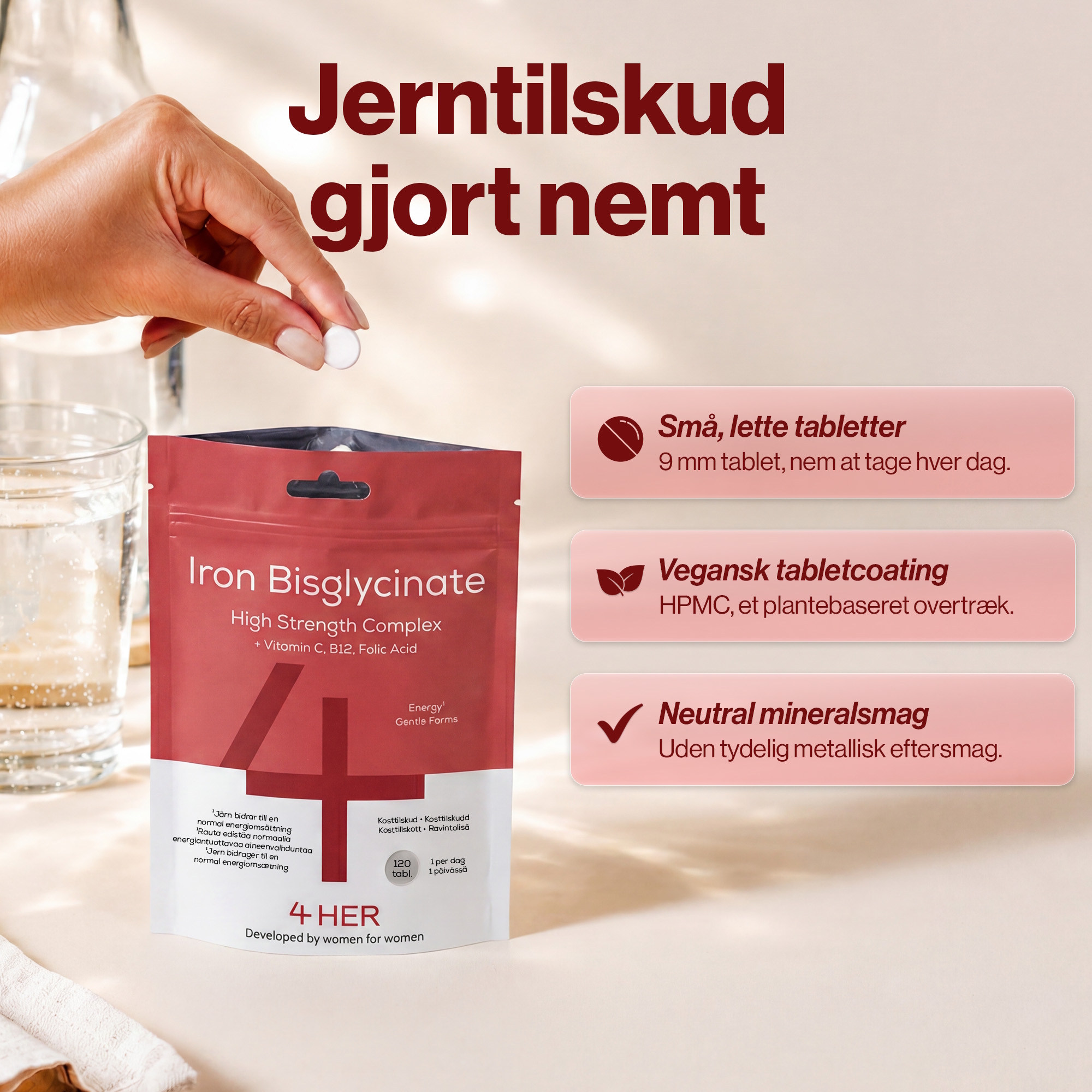 4 HER Iron Bisglycinate 120 tabletter. Jern tilskud med kobber og b12 vitamin.