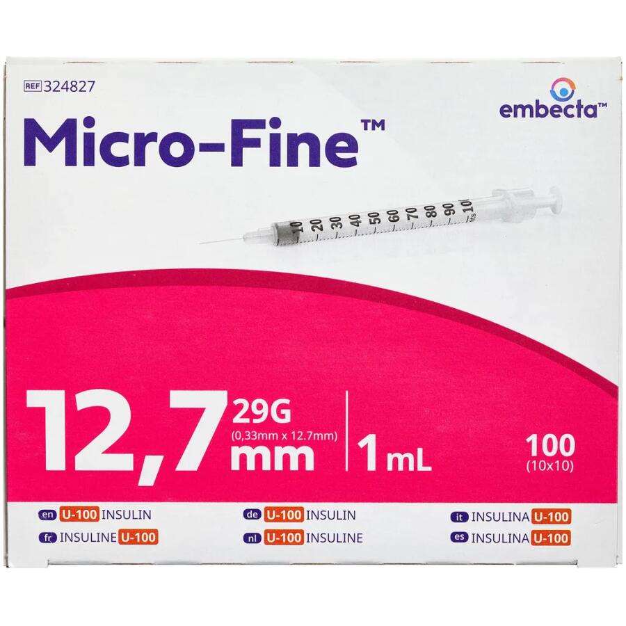 Embecta insulinsprøjte 1,0 ml med 12,7 mm Kanyle