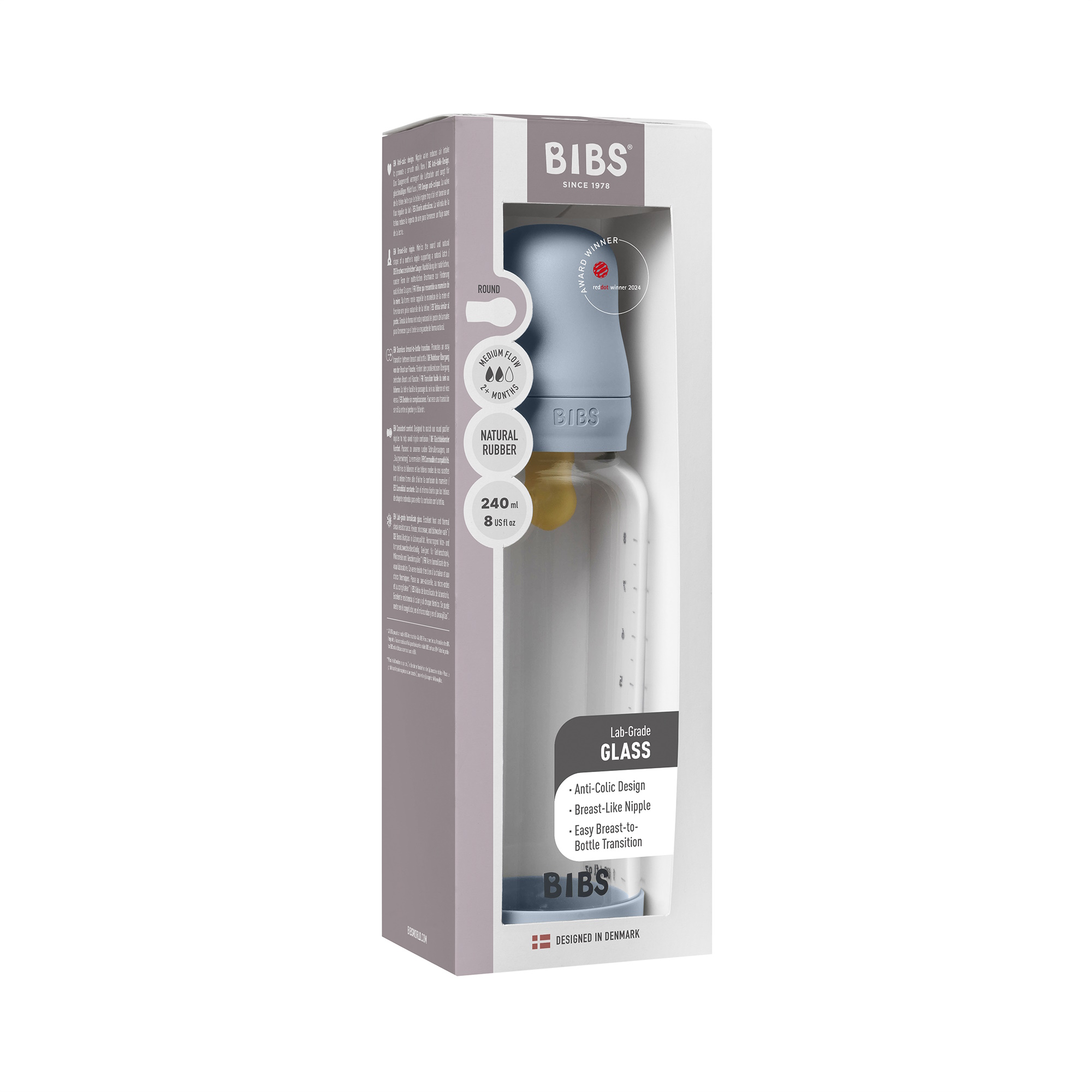 BIBS Baby Glass Bottle Naturgummi Medium Flow Blue
