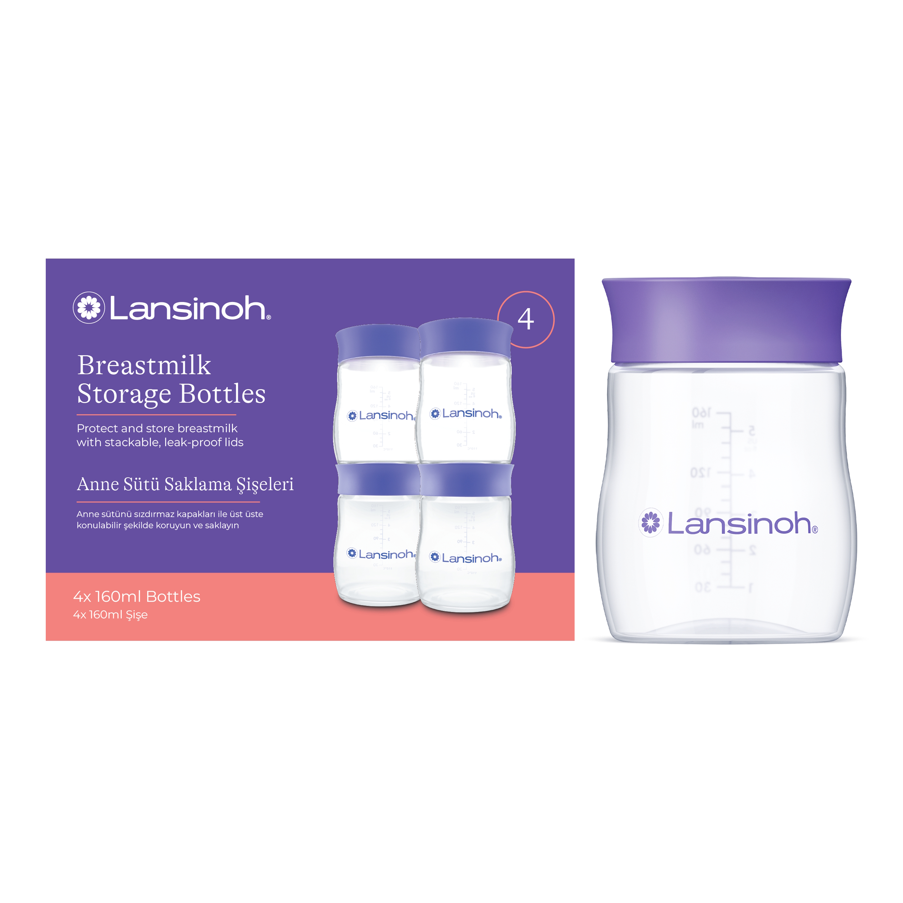 Lansinoh Brystmælk opbevaringsflasker, 160 ml