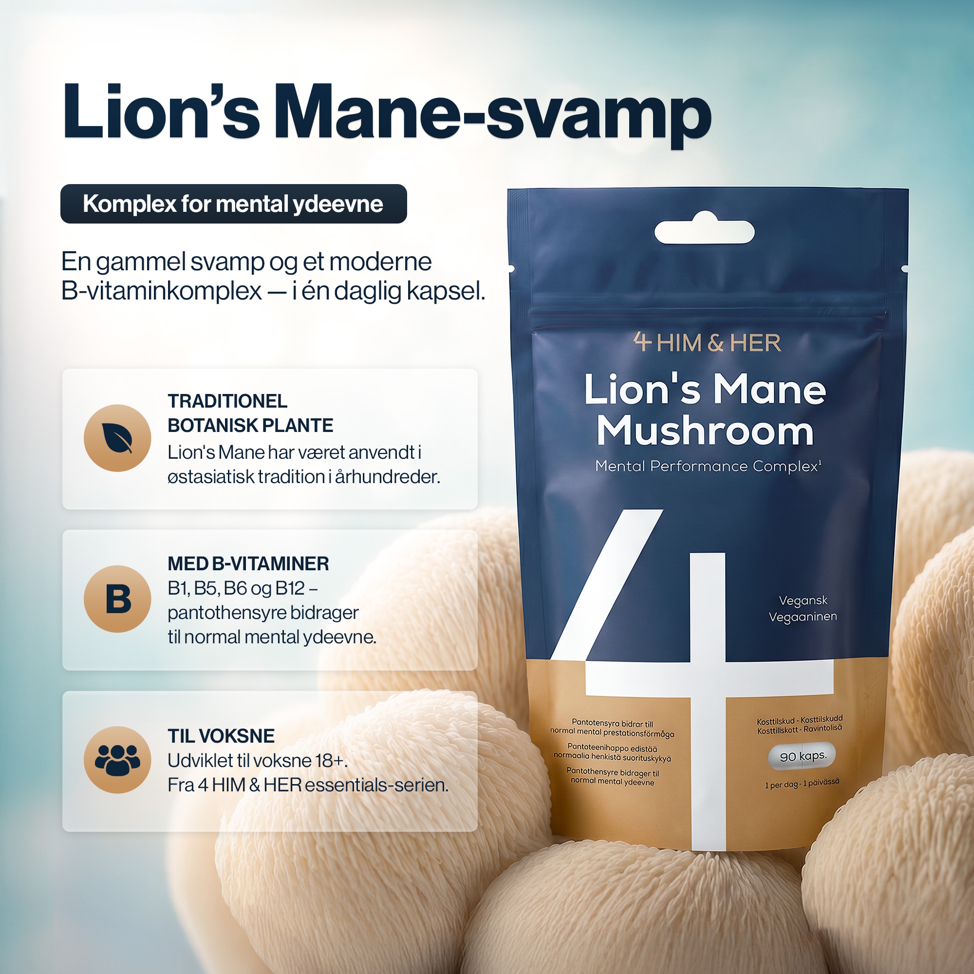 4 HIM & HER Lion's Mane 60 kapsler med lions mane og vitamin b12