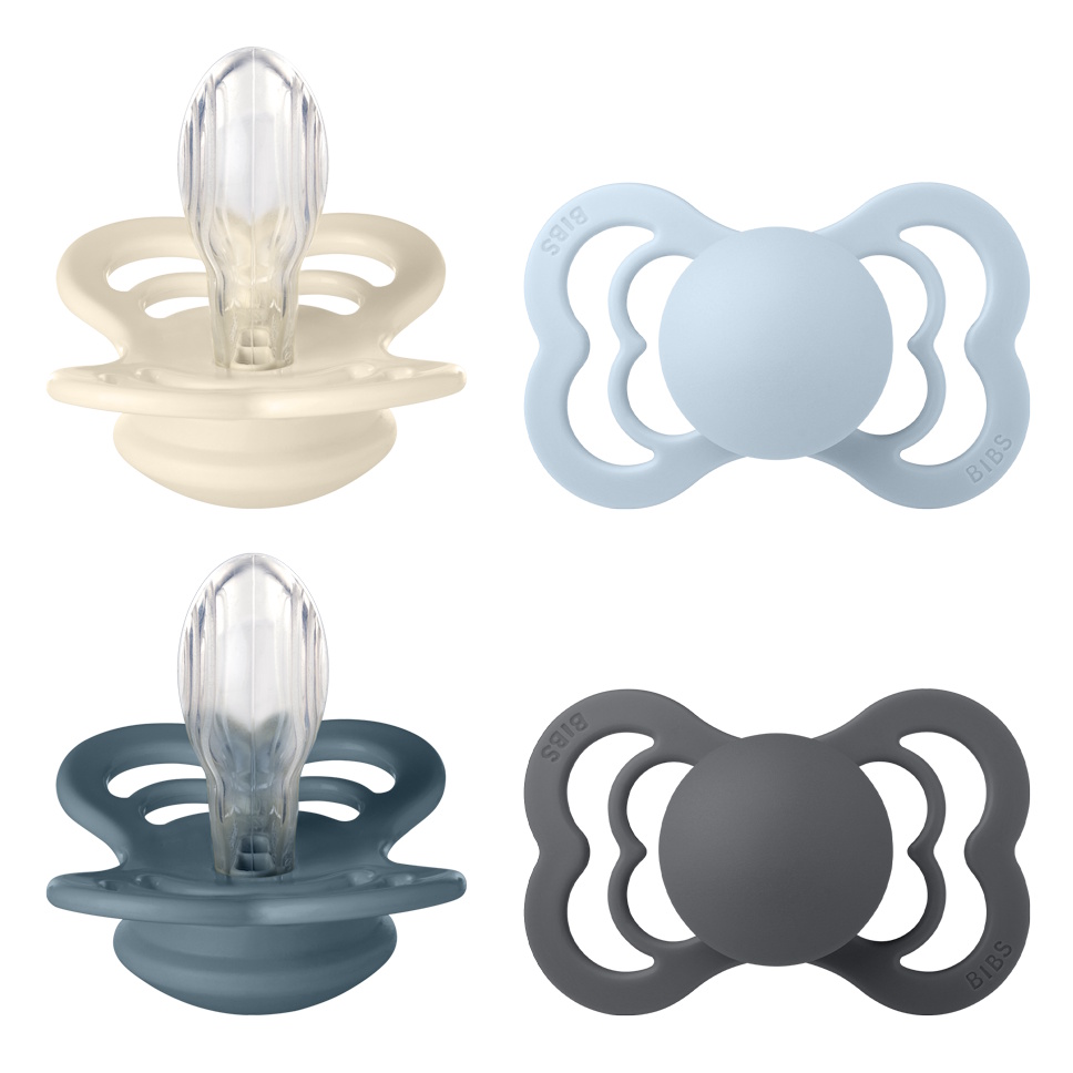 BIBS Pacifier Supreme 4 PACK Silicone Size 2 Ivory/Baby Blue/Petrol/Iron