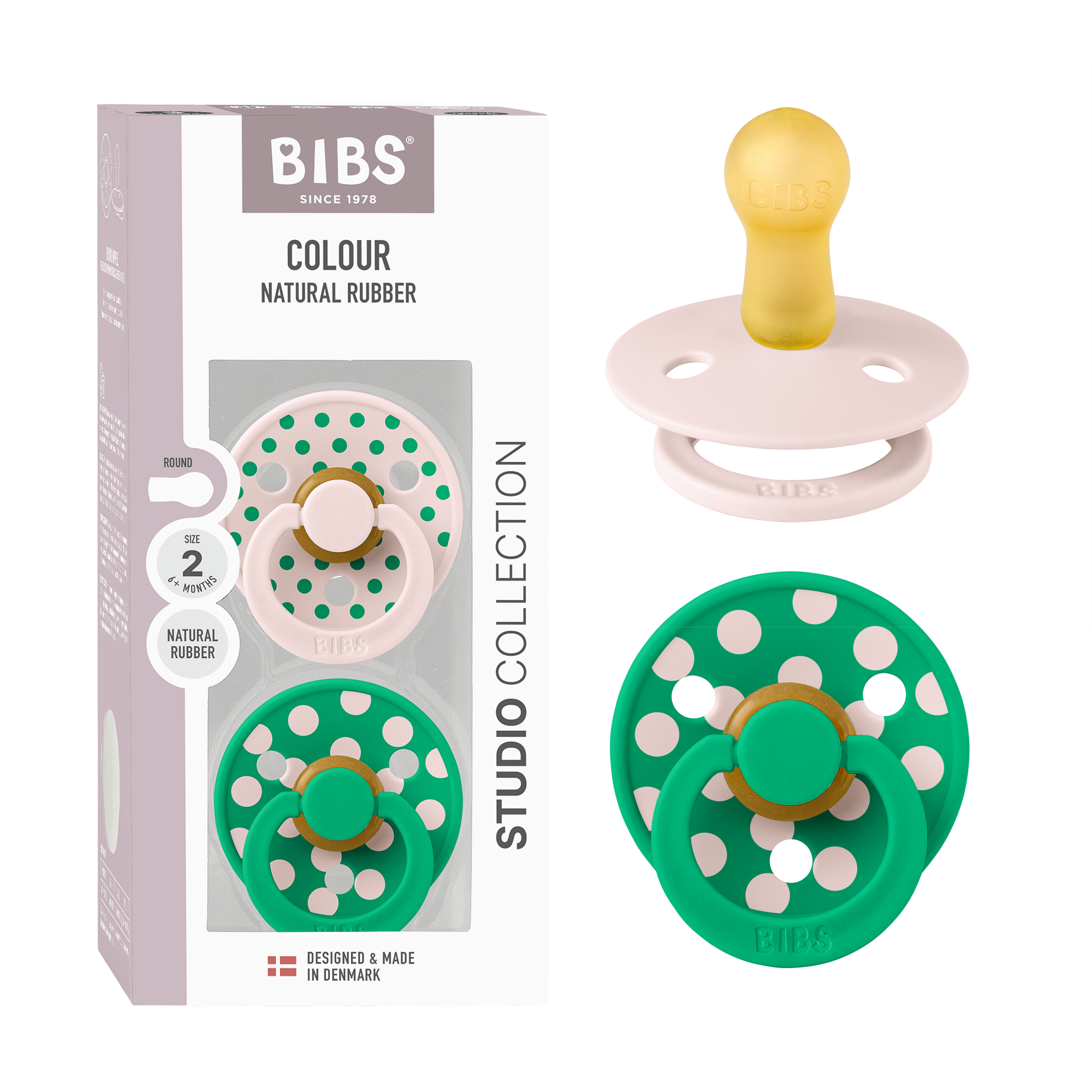 BIBS Pacifier Studio Colour 2 PACK Polka Latex Size 2 Petal/Cactus