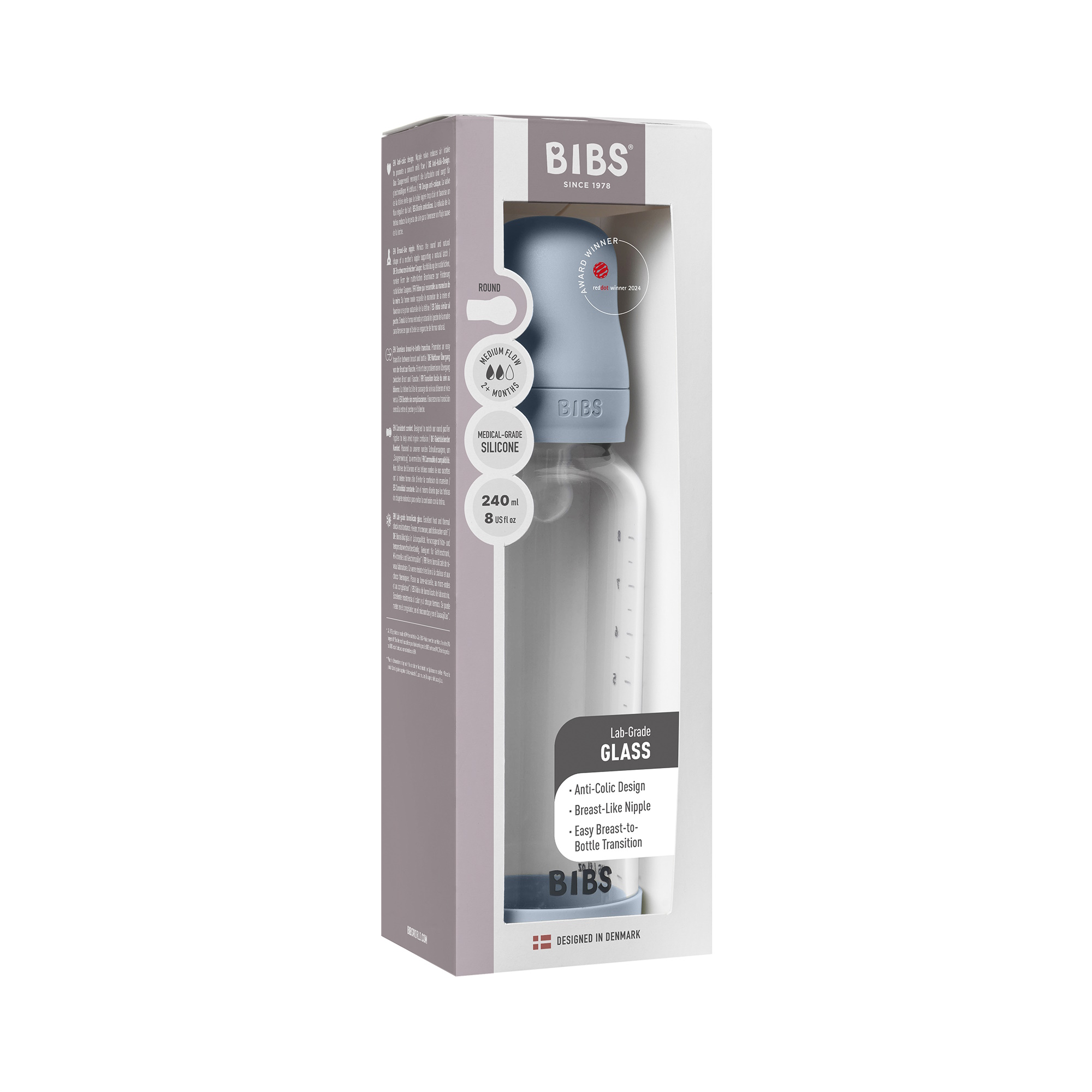BIBS Baby Glass Bottle Silikone Medium Flow Baby Blue