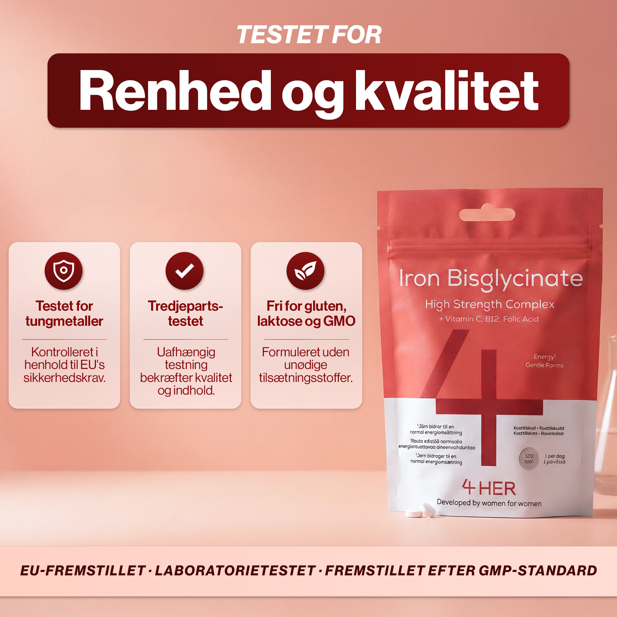 4 HER Iron Bisglycinate 120 tabletter. Jern tilskud med kobber og b12 vitamin.