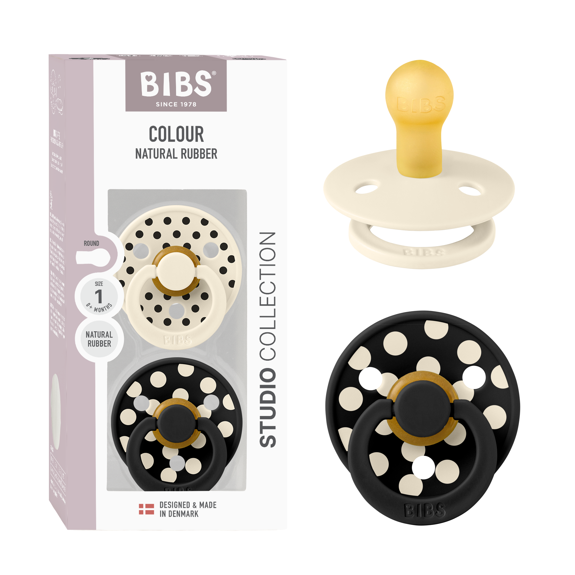 BIBS Pacifier Studio Colour 2 PACK Polka Latex Size 1 Ivory/Black