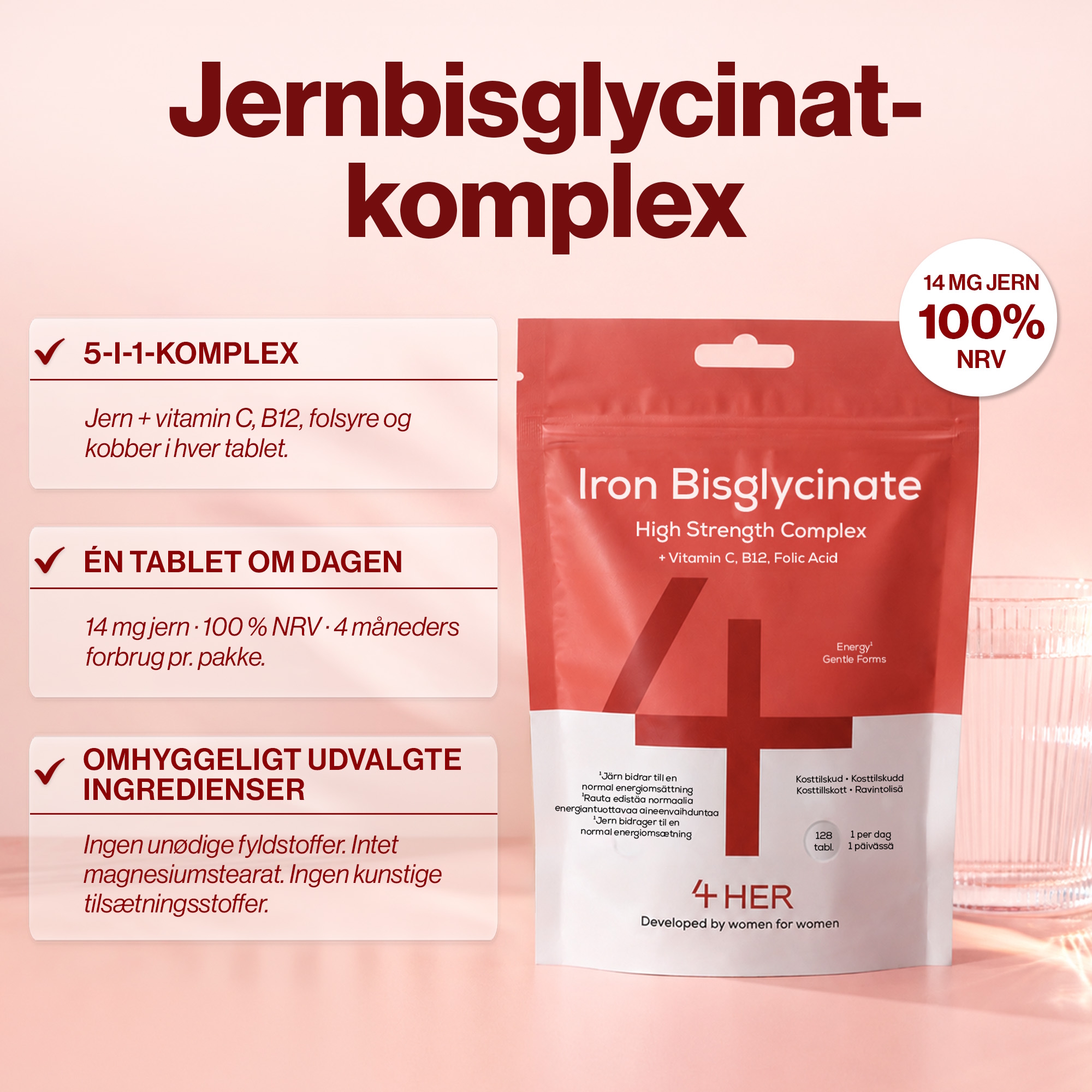 4 HER Iron Bisglycinate 120 tabletter. Jern tilskud med kobber og b12 vitamin.