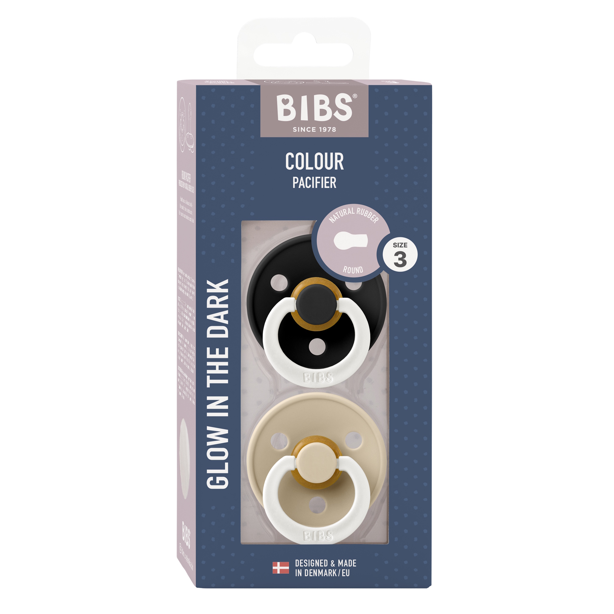 BIBS Pacifier Colour 2 PACK Latex Size 3 Black GLOW/Vanilla GLOW