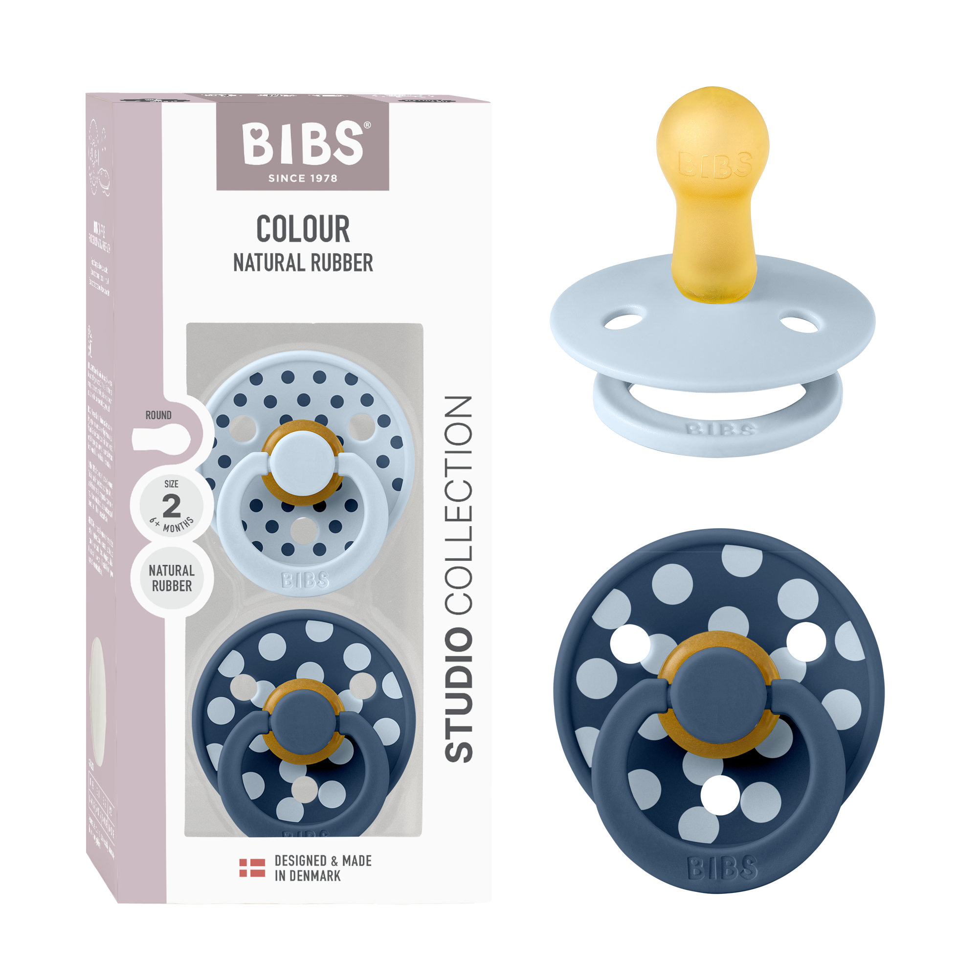 BIBS Pacifier Studio Colour 2 PACK Polka Latex Size 2 Baby Blue/Steel Blue