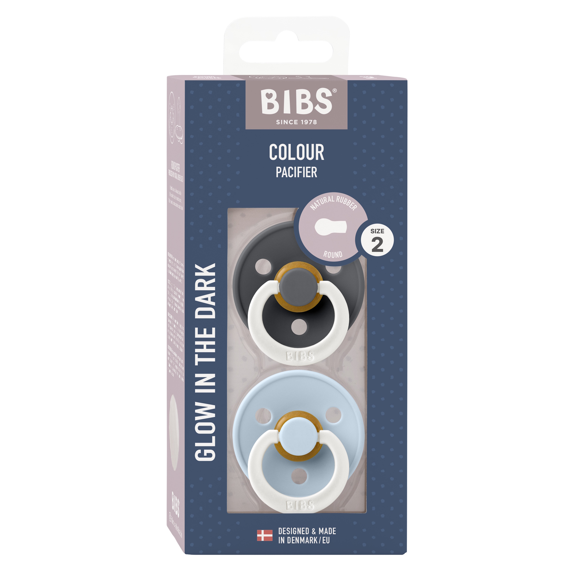BIBS Pacifier Colour 2 PACK Latex Size 2 Iron GLOW/Baby Blue GLOW