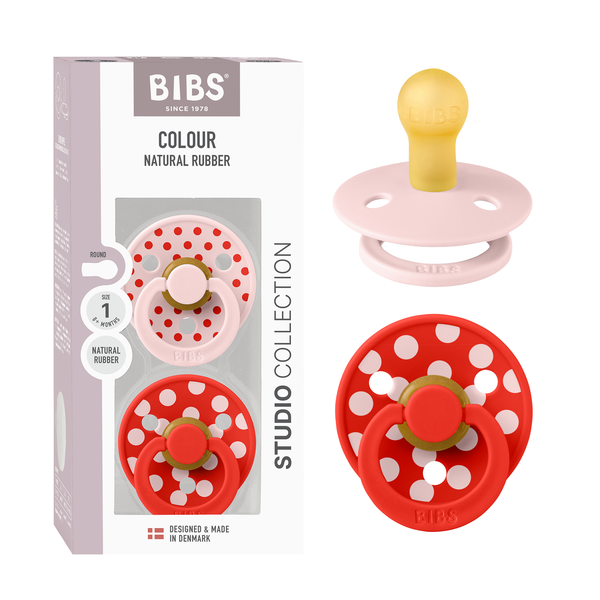 BIBS Pacifier Studio Colour 2 PACK Polka Latex Size 1 Blossom/Candy Apple