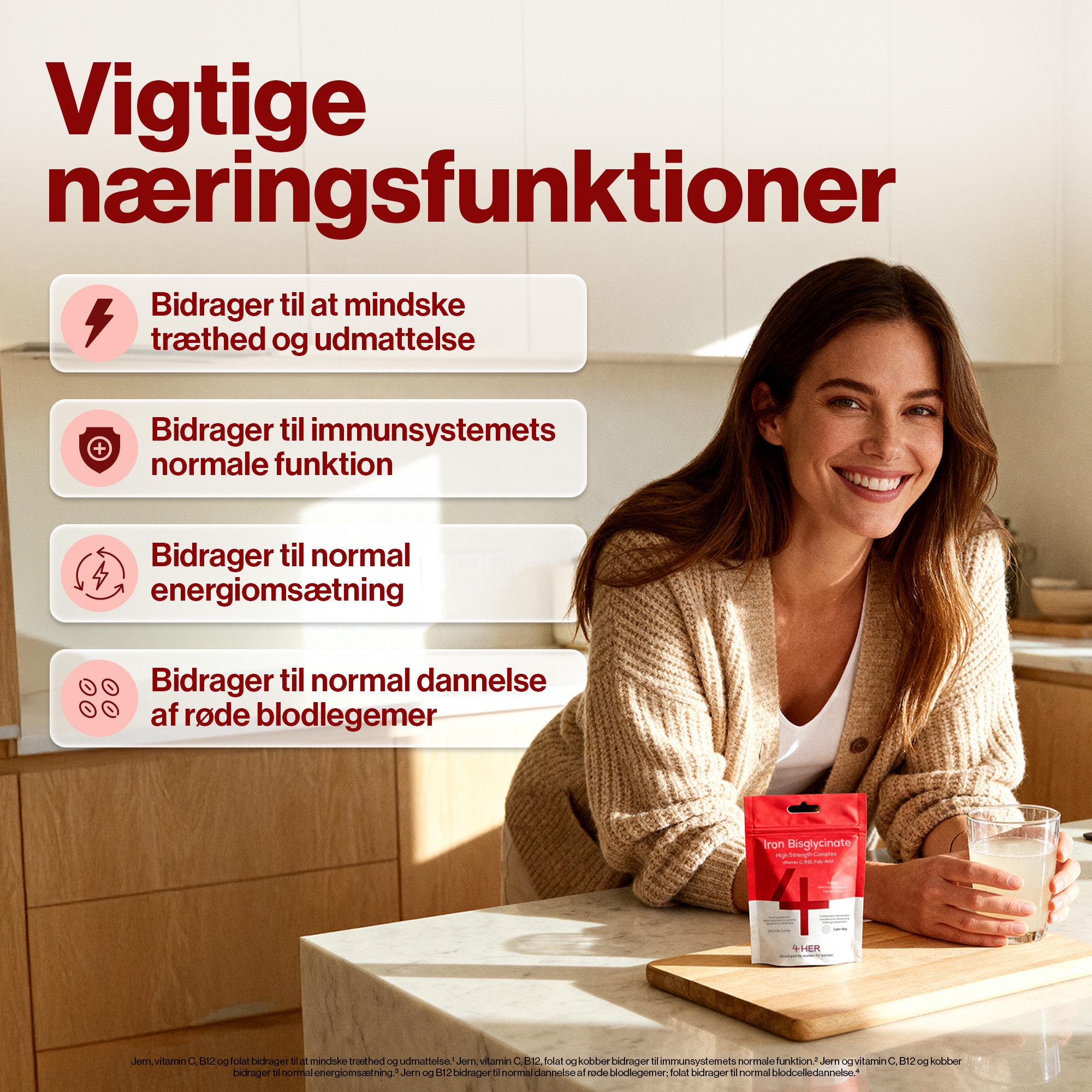 4 HER Iron Bisglycinate 120 tabletter. Jern tilskud med kobber og b12 vitamin.