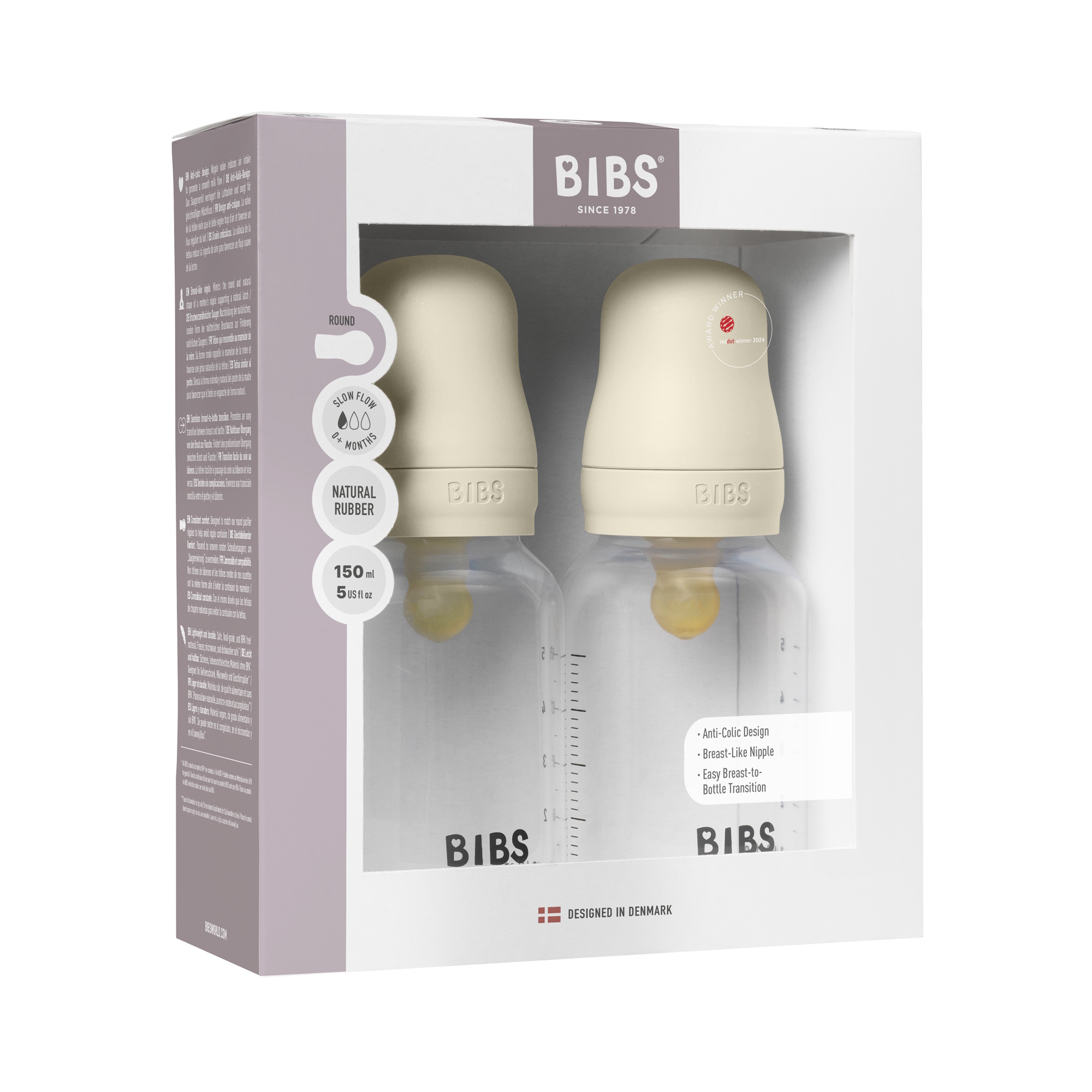 BIBS Baby Plast Bottle Naturgummi Slow Flow Ivory 2-pak