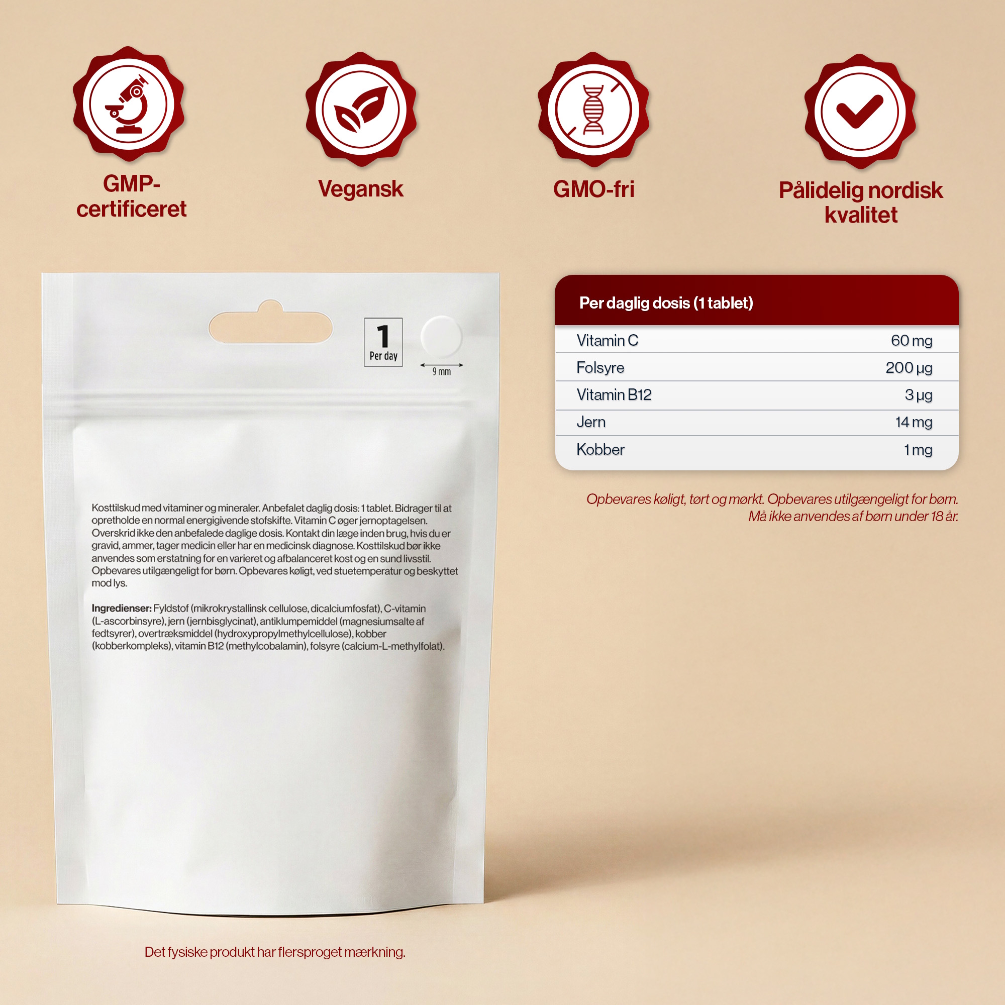 4 HER Iron Bisglycinate 120 tabletter. Jern tilskud med kobber og b12 vitamin.
