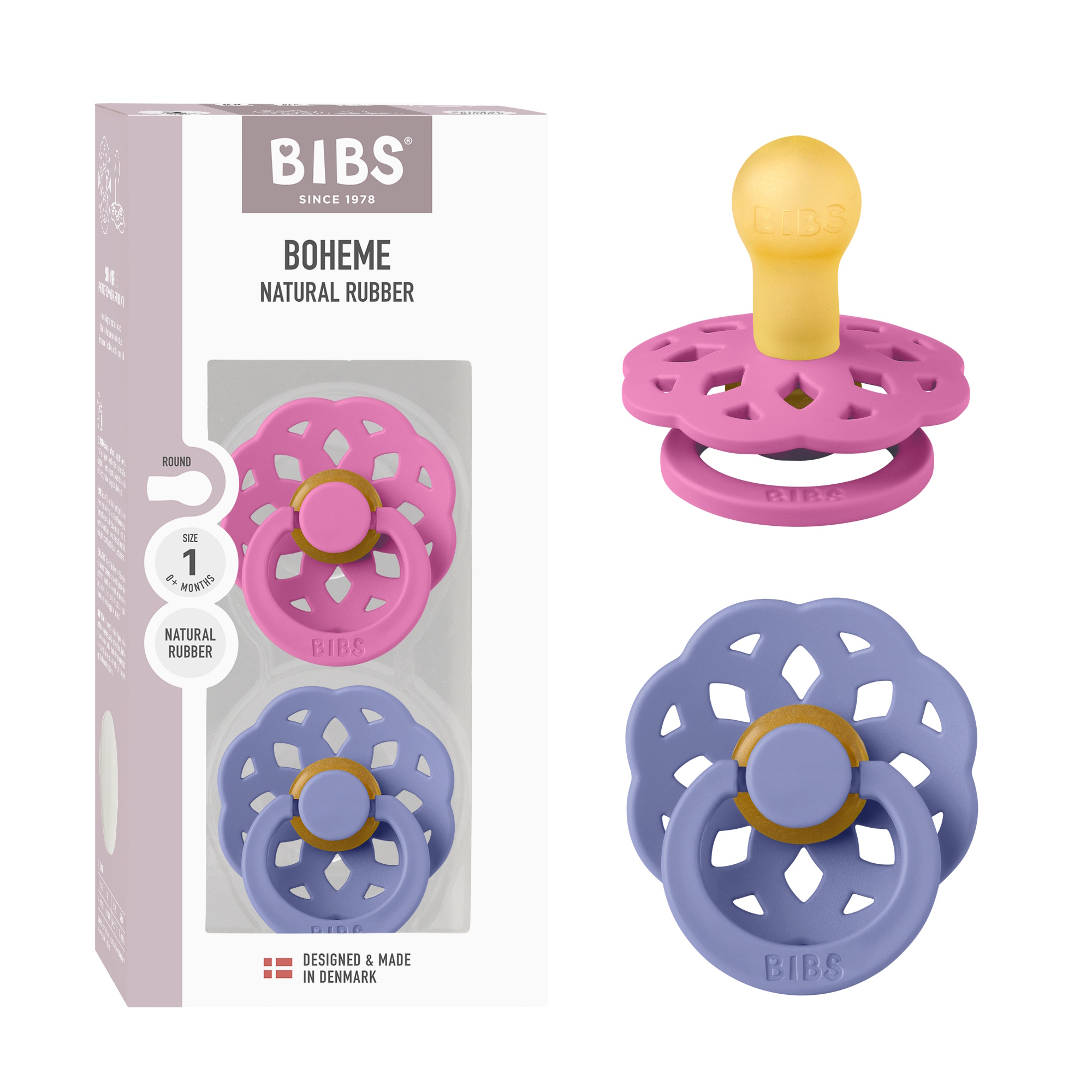 BIBS Pacifier Boheme 2 PACK Latex Size 1 Bubblegum/Peri