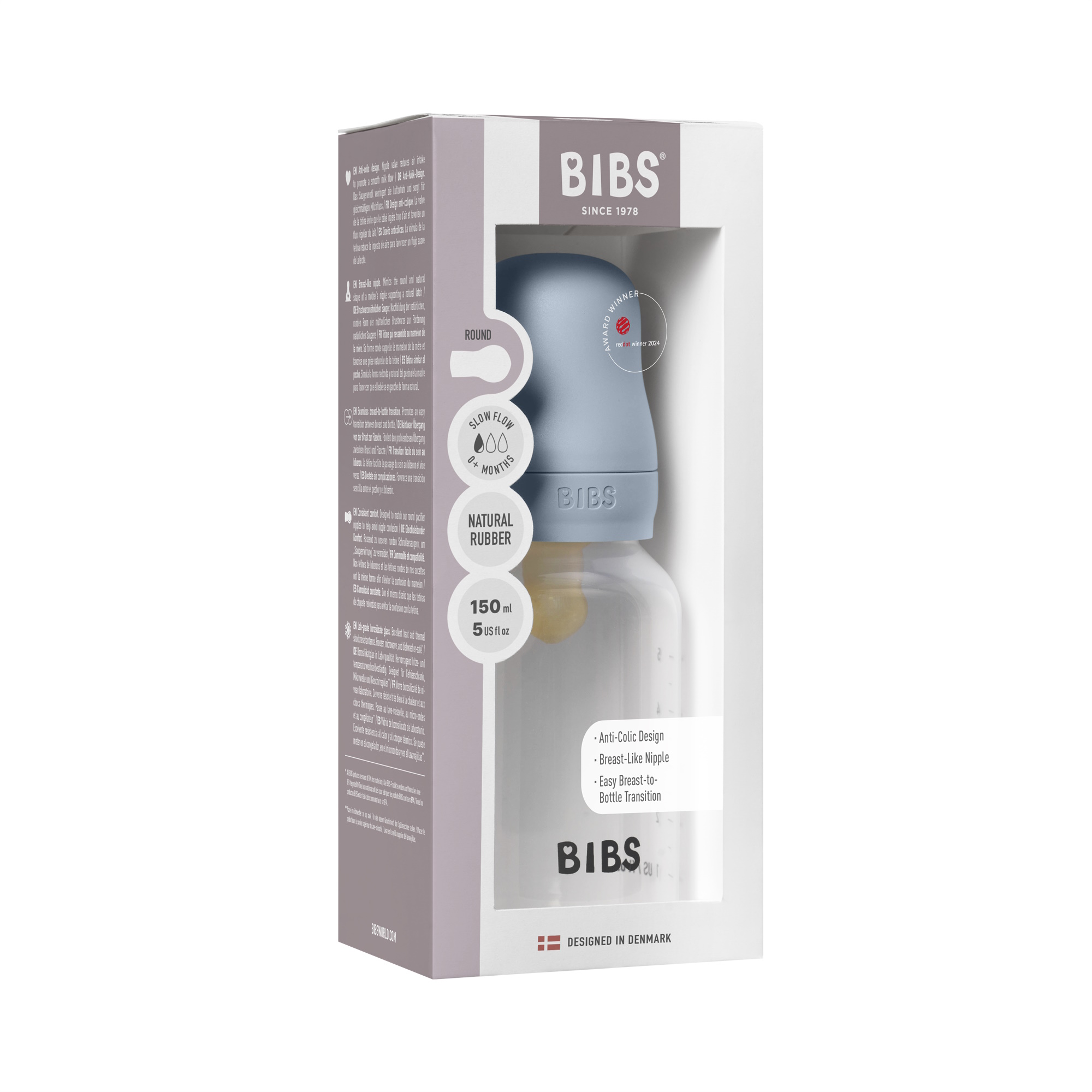 BIBS Baby Plast Bottle Naturgummi Slow Flow Baby Blue