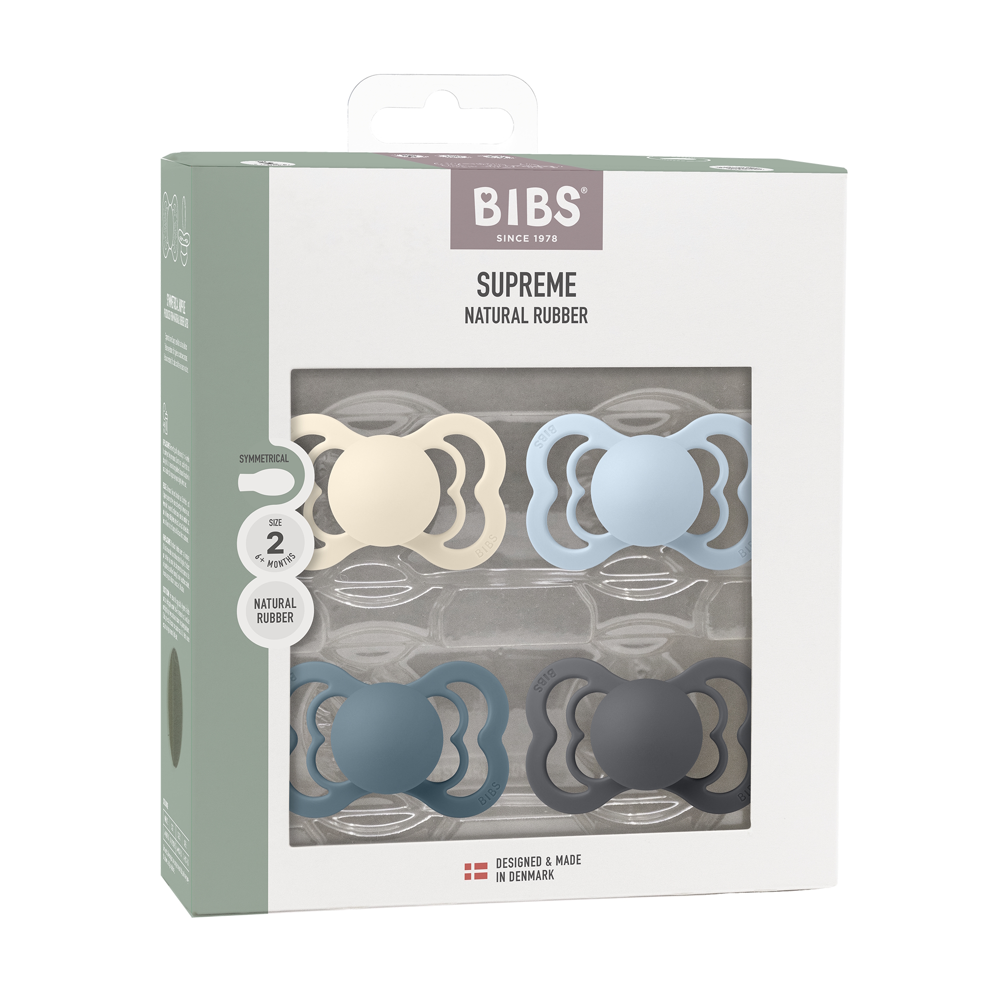 BIBS Pacifier Supreme 4 PACK Latex Size 2 Ivory/Baby Blue/Petrol/Iron