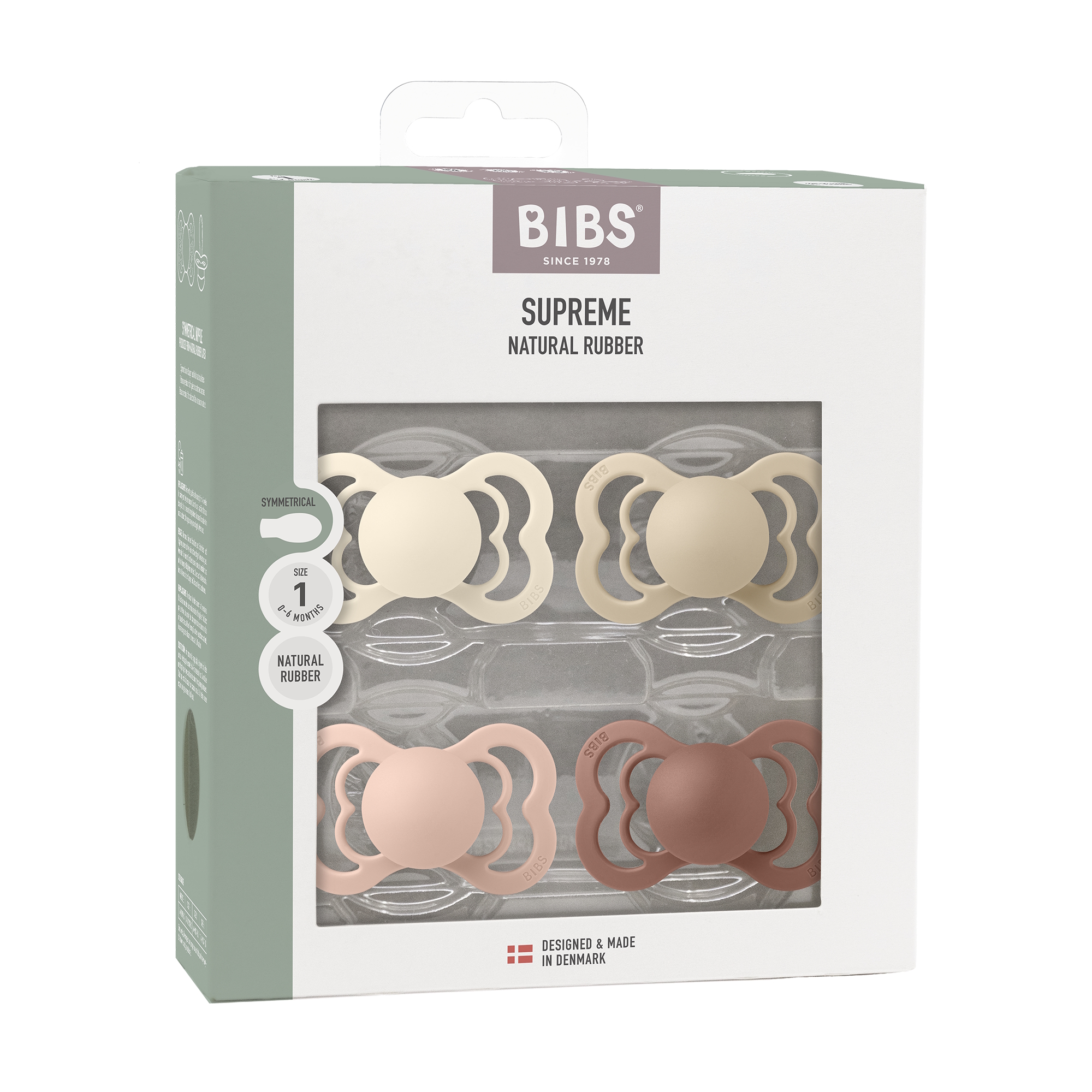 BIBS Pacifier Supreme 4 PACK Latex Size 1 Ivory/Vanilla/Blush/Woodchuck