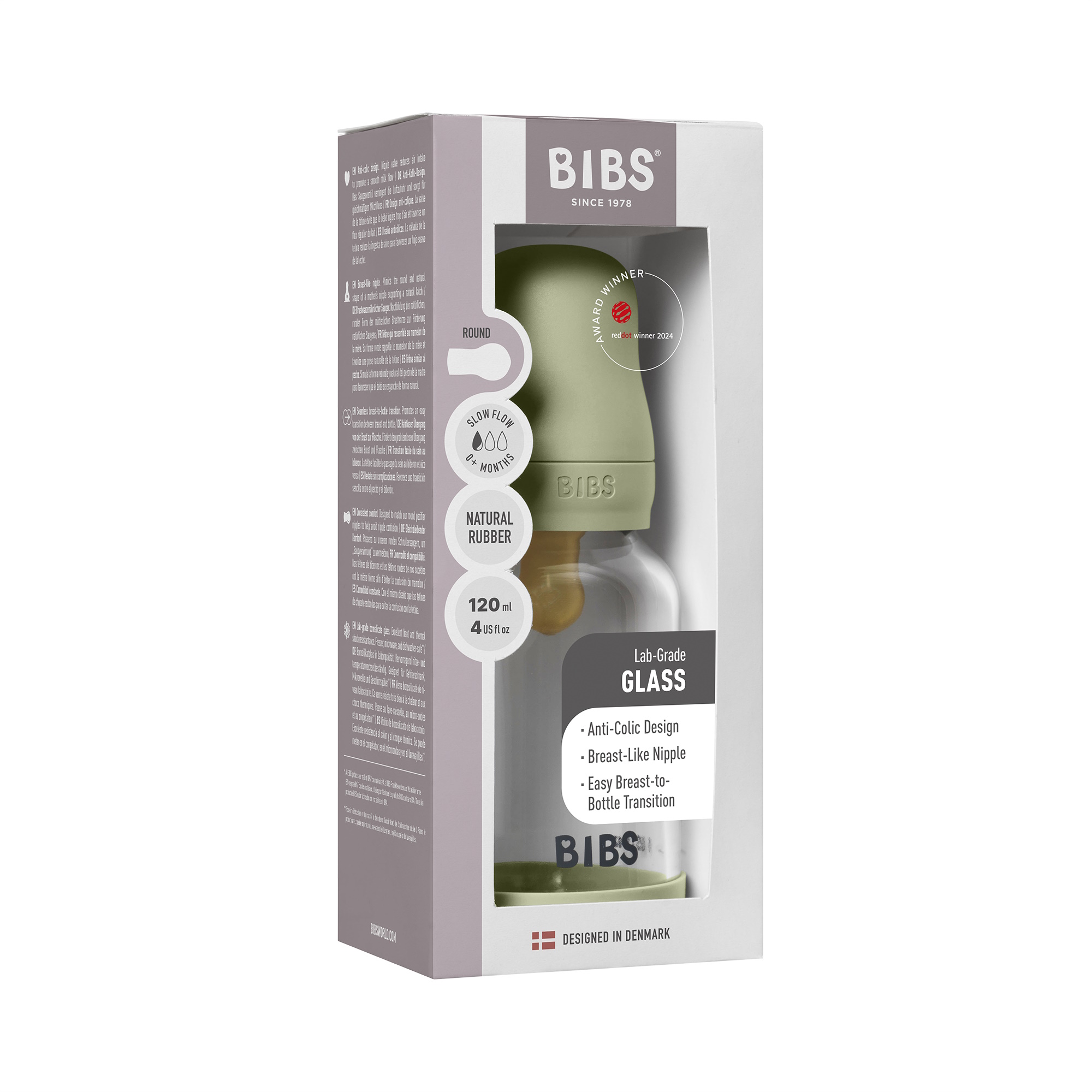 BIBS Baby Glass Bottle Naturgummi Slow Flow Sage