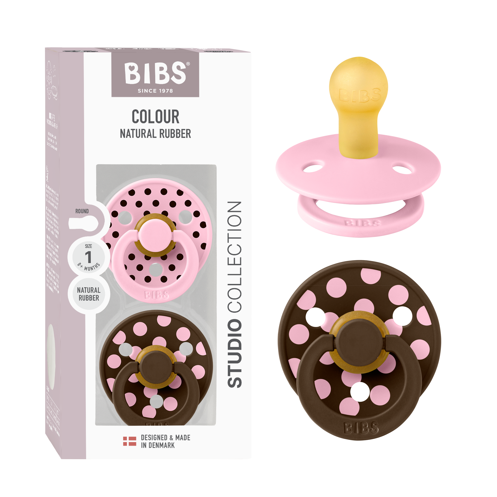 BIBS Pacifier Studio Colour 2 PACK Polka Latex Size 1 Baby Pink/Mocha