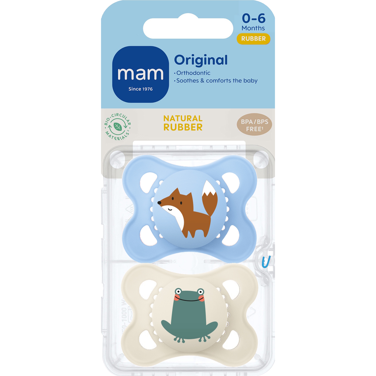 MAM Orig 0-6m Nat Rub 2p Box V Blue