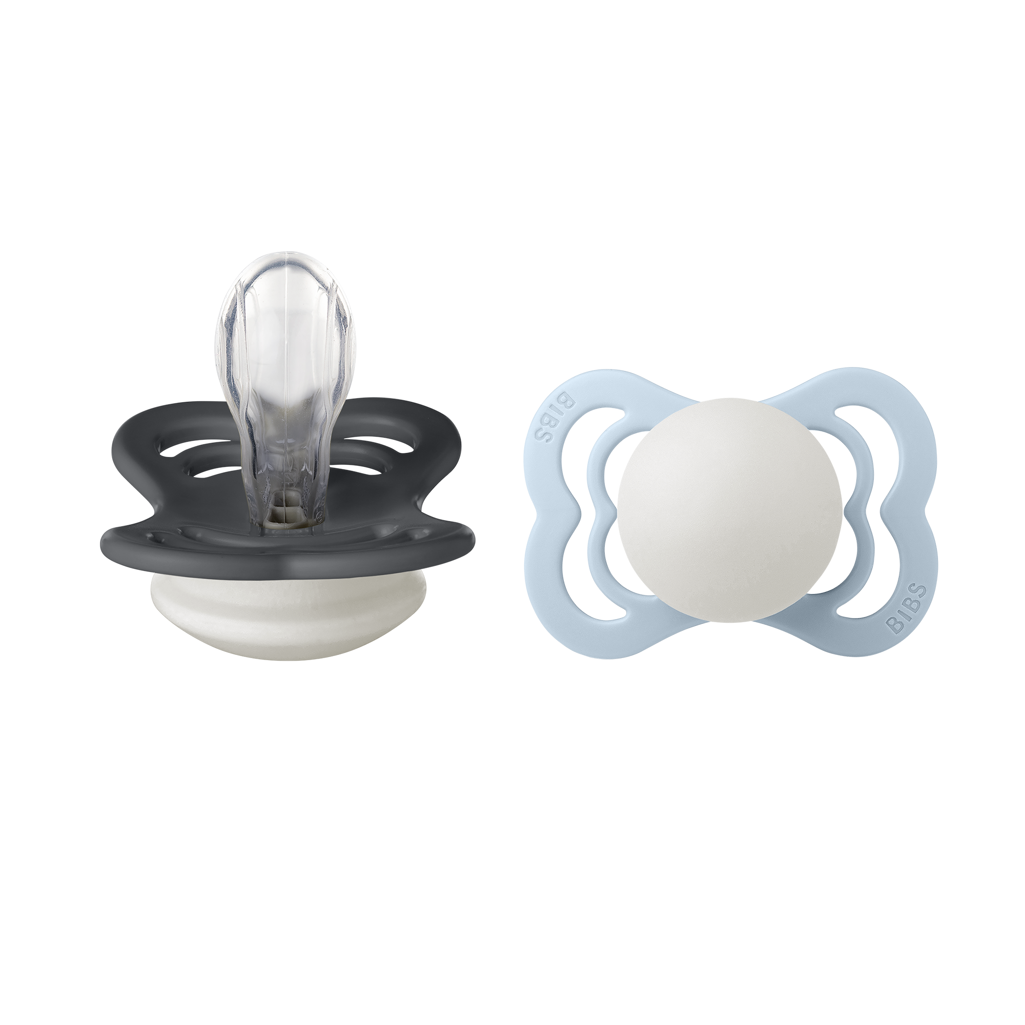 BIBS Pacifier Supreme 2 PACK Silicone Size 1 Iron Glow/Baby Blue Glow