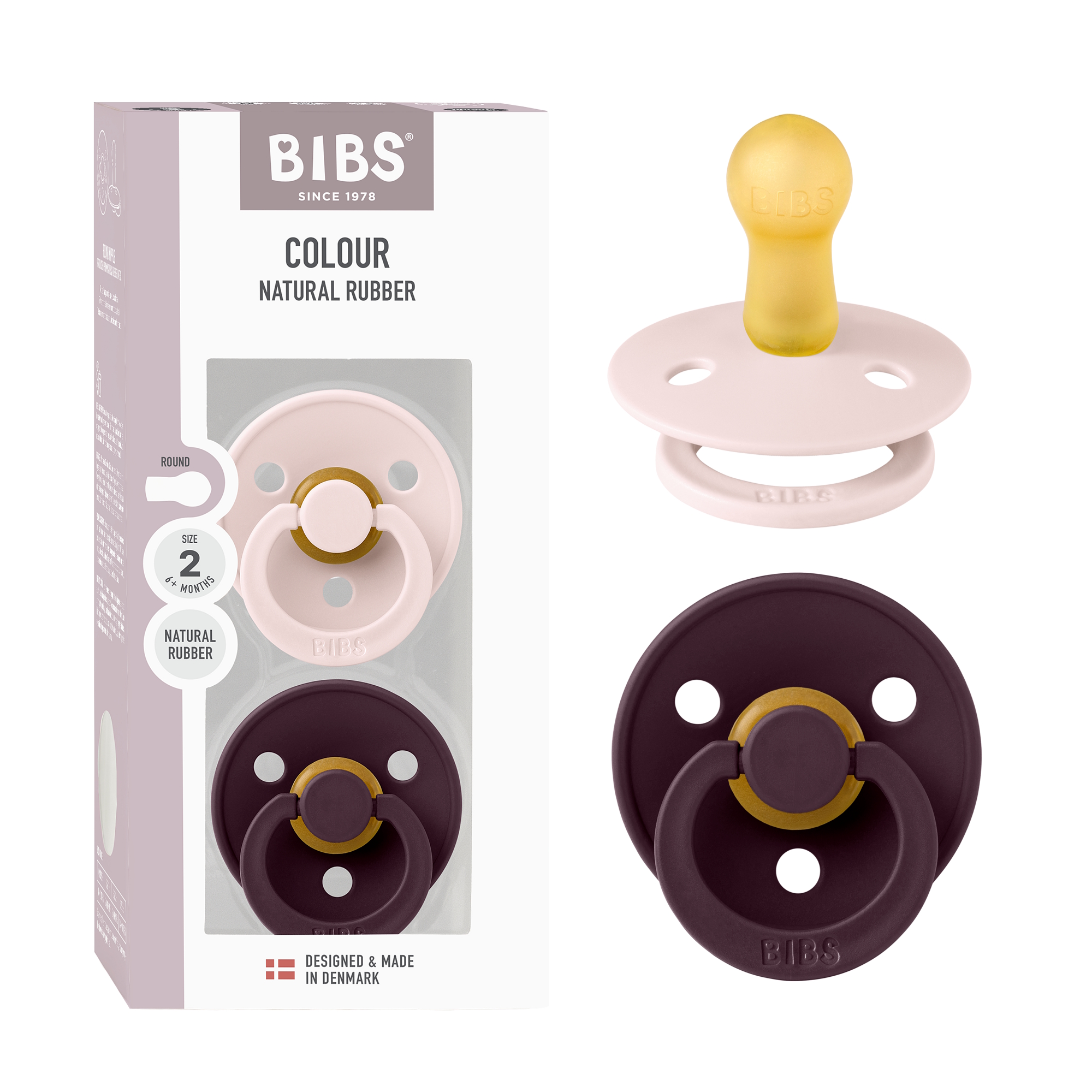 BIBS Pacifier Colour 2 PACK Latex Size 2 Petal/Plum