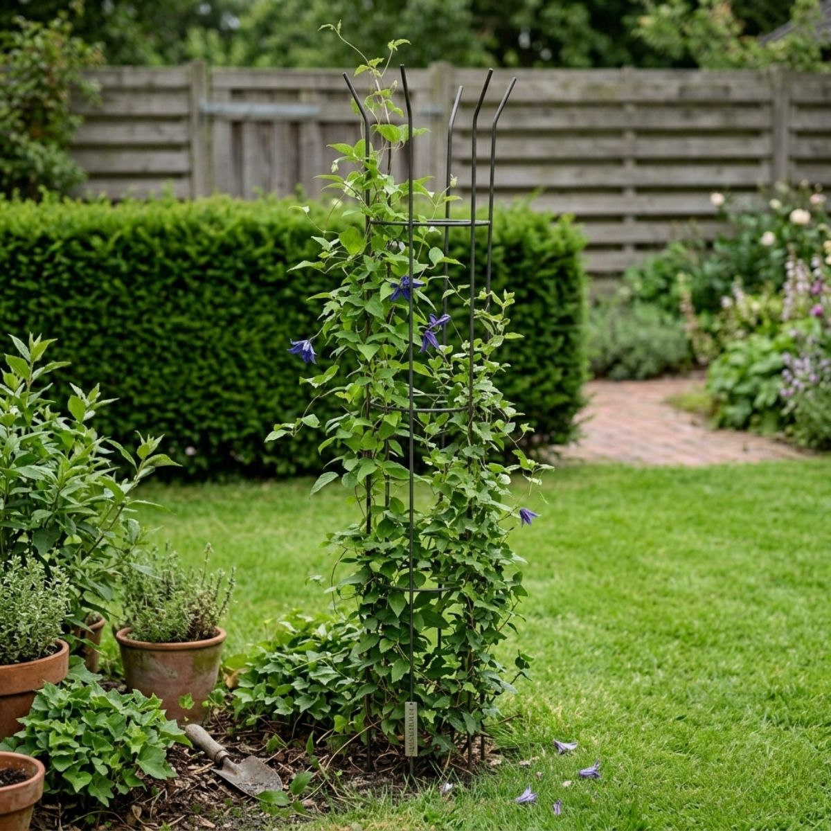 Håndlavet plantestativ på 185 cm i massivt rundjern til havens klatreplanter