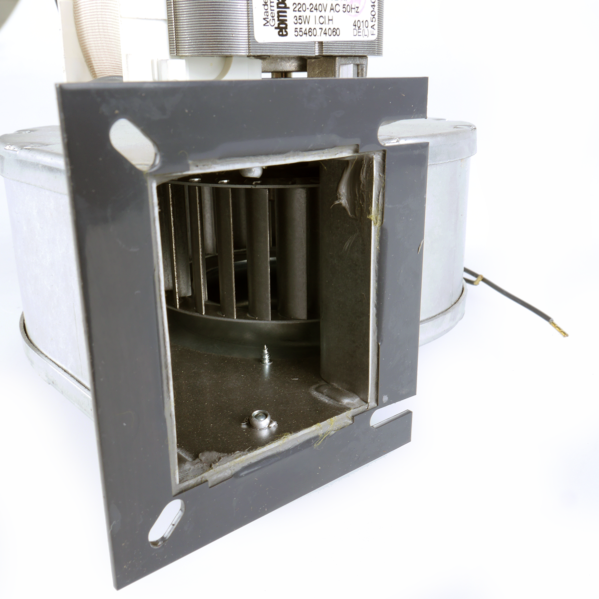 Blæser med spjæld og omdrejningssensor til ATMOS A25 træpillebrænder