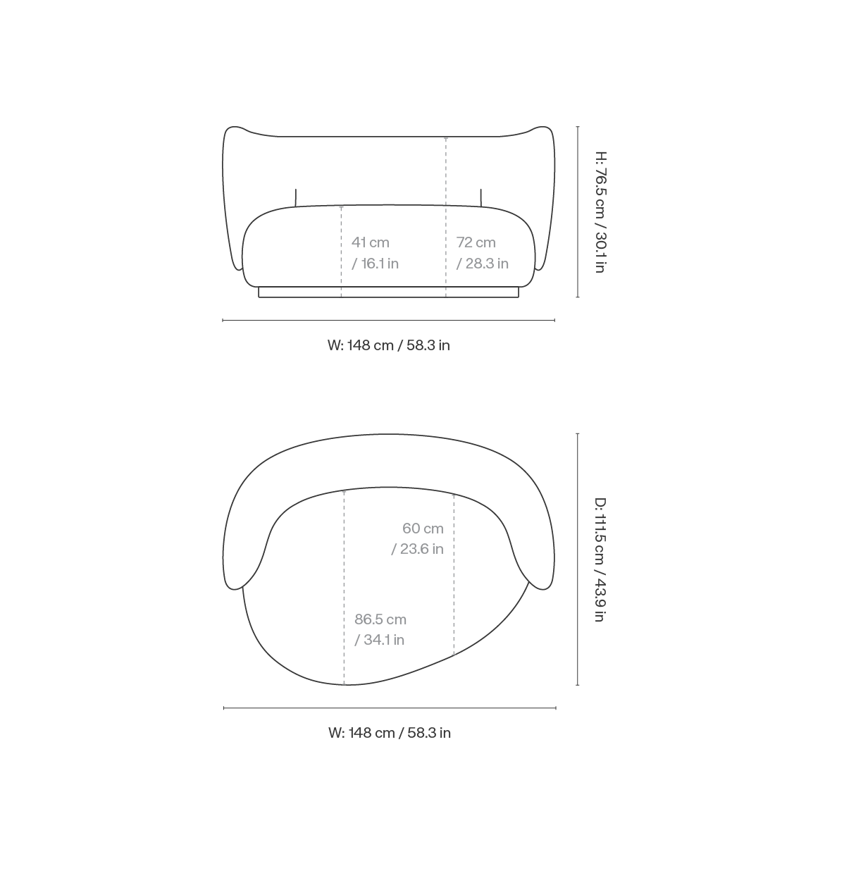 Dimension drawing for Rico Curve Left - Bouclé - Off-white