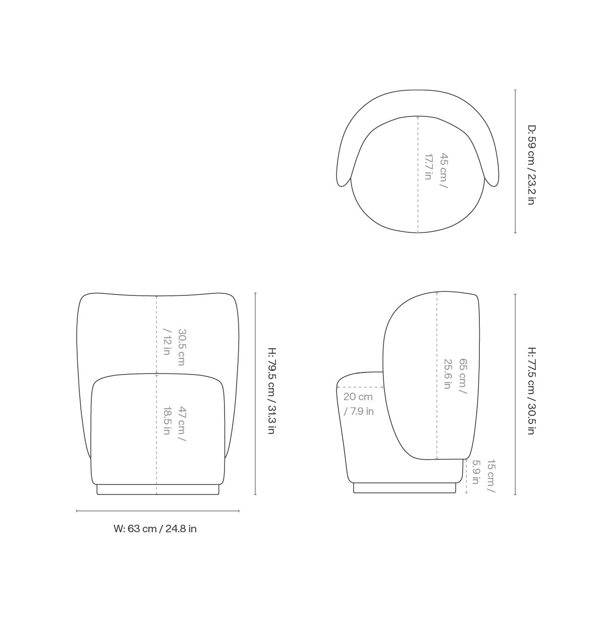 Dimension drawing for Rico Club Chair - Swivel - Bouclé - Off-White - UK