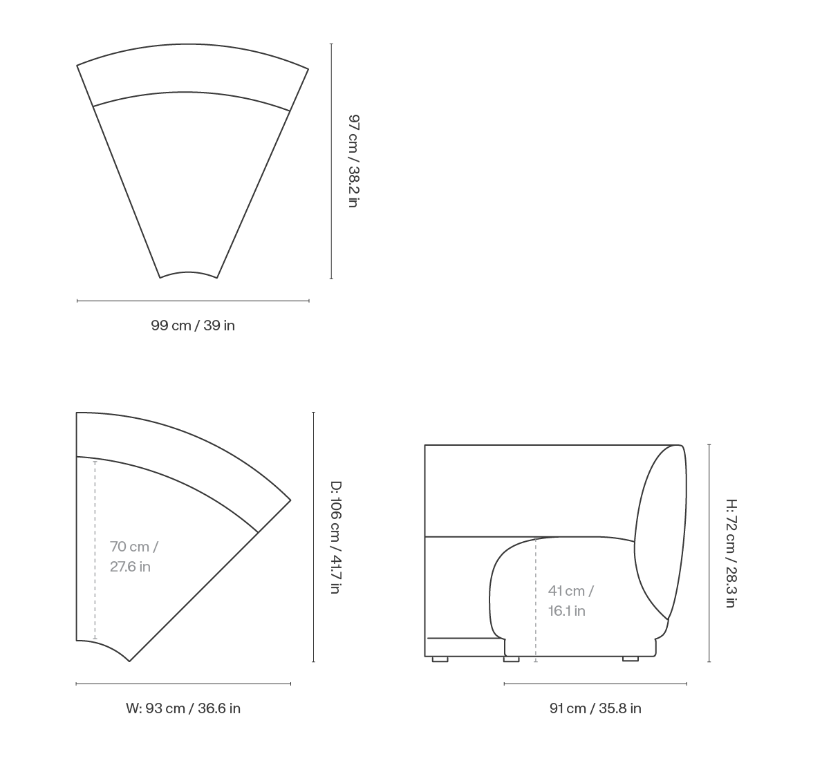 Dimension drawing for Rico Sofa Corner - Narrow - Soft Bouclé - Natural
