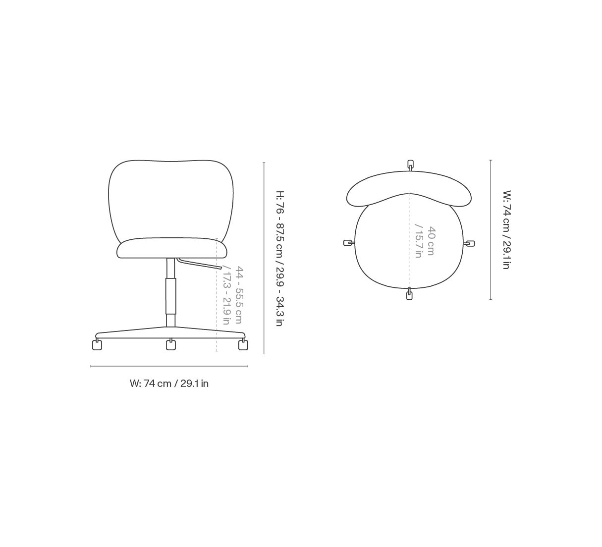 Dimension drawing for Rico Chair - Castors - Louisiana - Sand/Chocolate