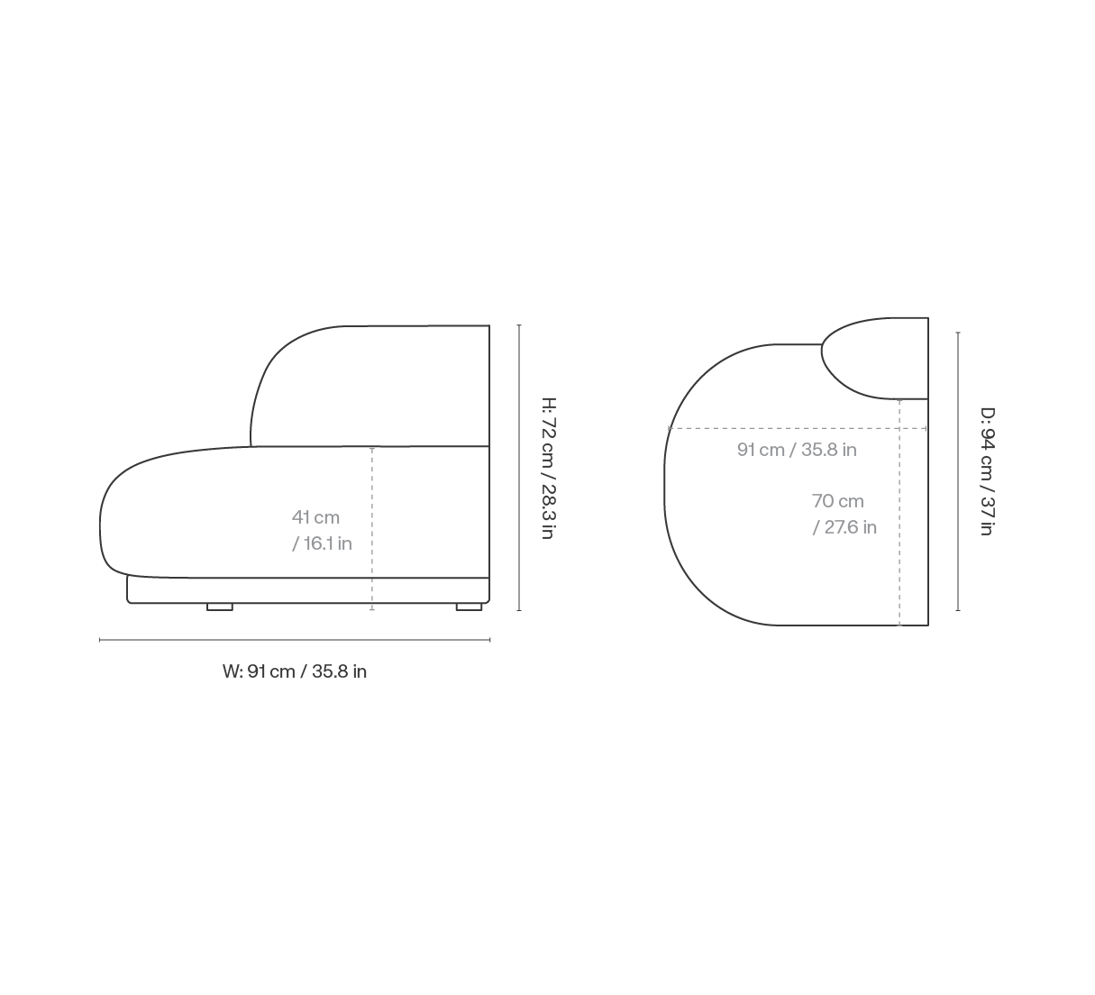 Dimension drawing for Rico Sofa Open End Left - Can Lis - Sand/Off-White