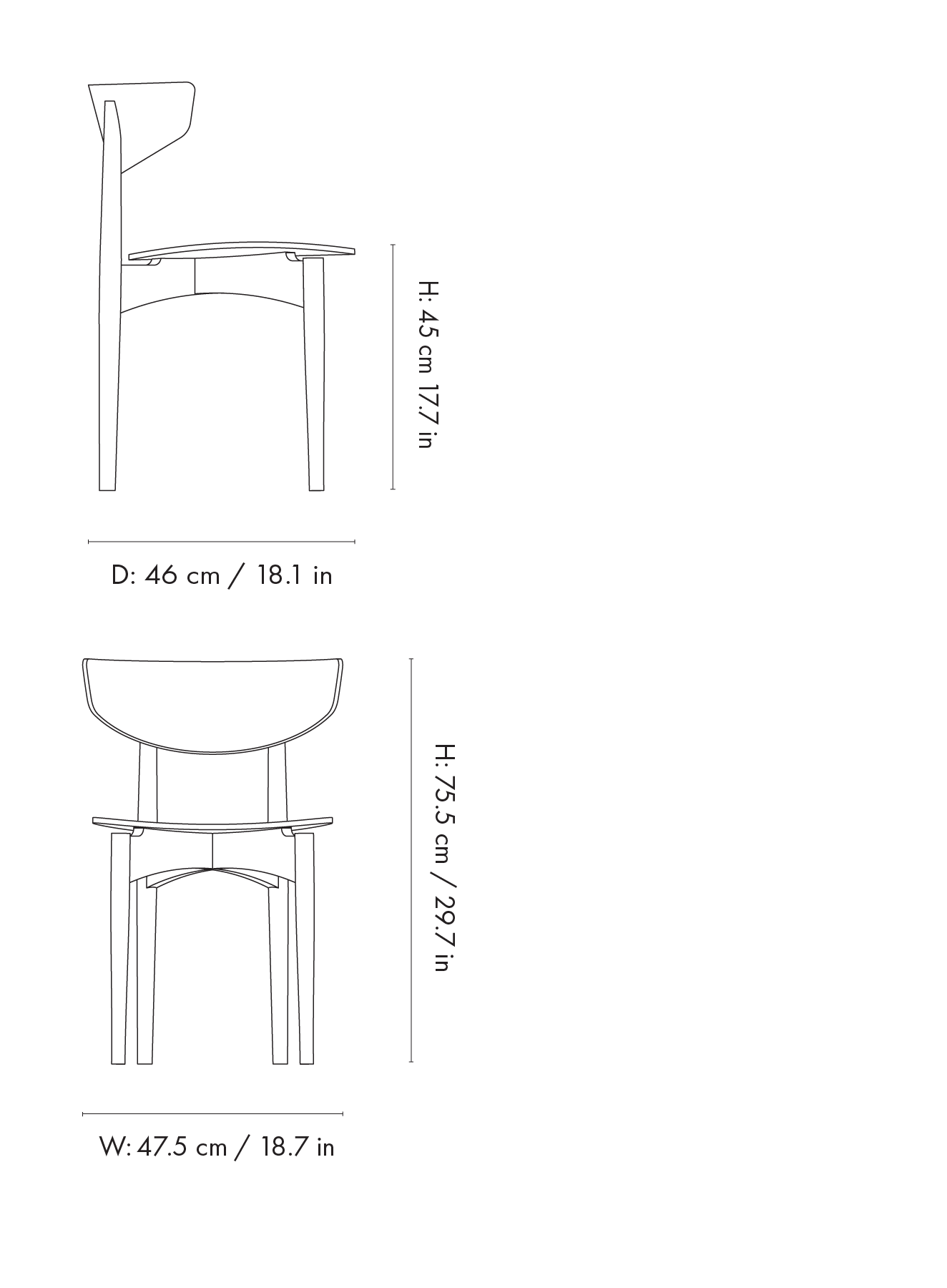 Dimension drawing for Herman Dining Chair - Upholstered - Vegea - Black Ash/Black