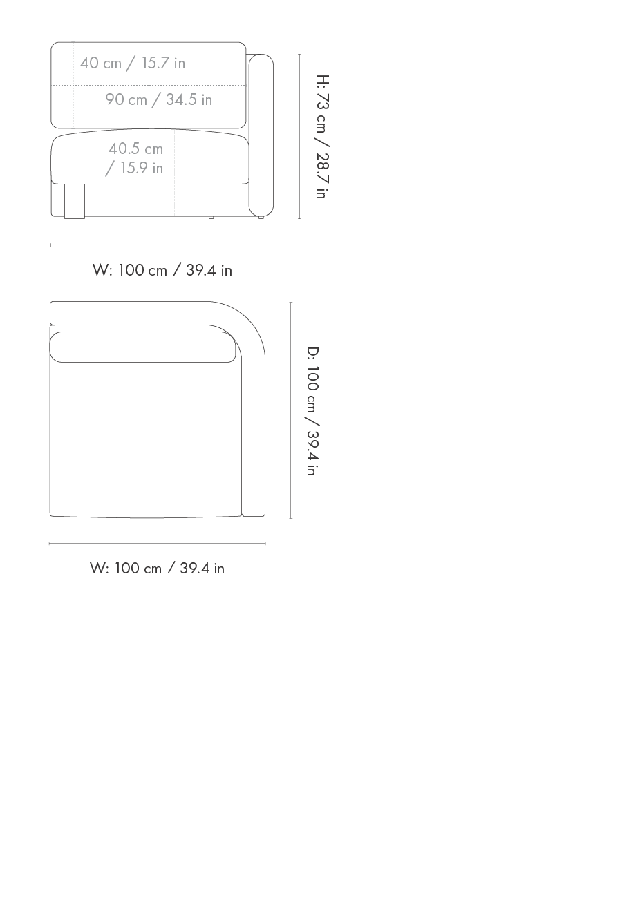 Dimension drawing for Dase Sofa Armrest Left - Rich Velvet - Pine