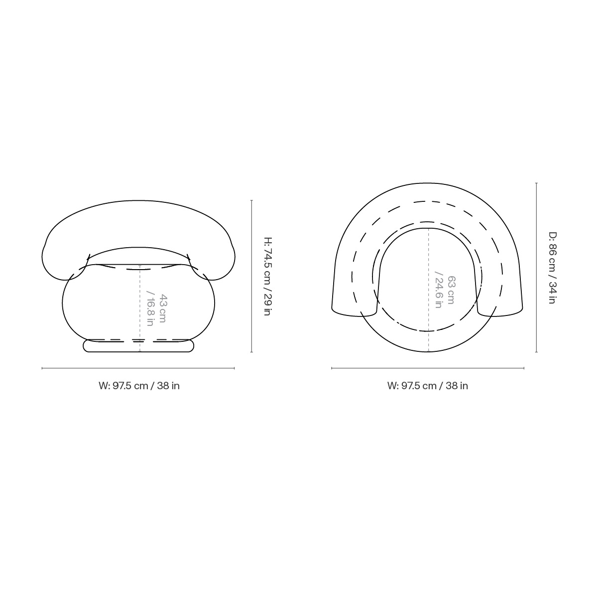 Dimension drawing for Orbo Lounge Chair - Raw Bouclé - Natural